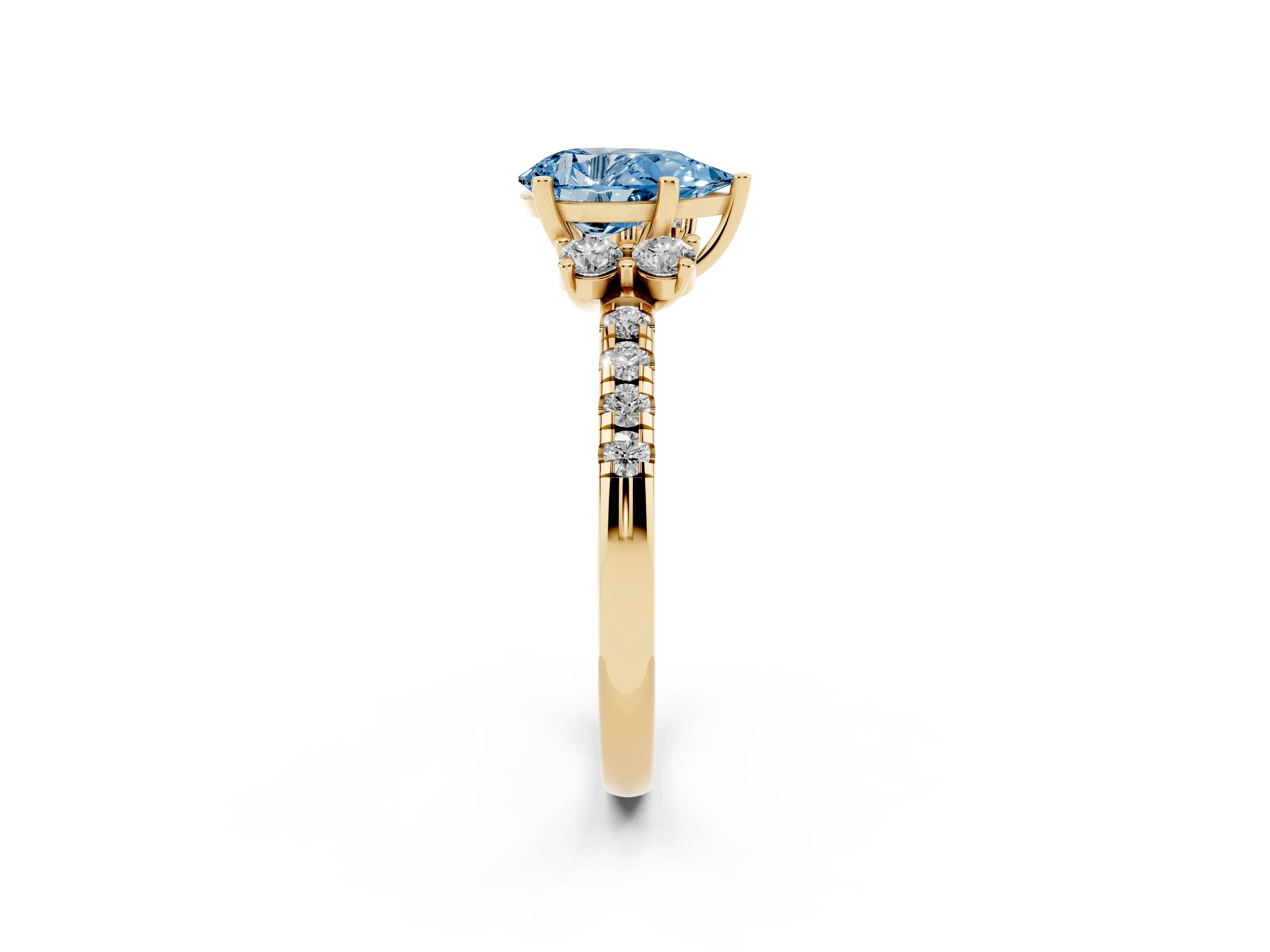 Fancy Blue Pear Cut Diamond Three-Stone Pavé Ring Set in Yellow gold with Prong Setting