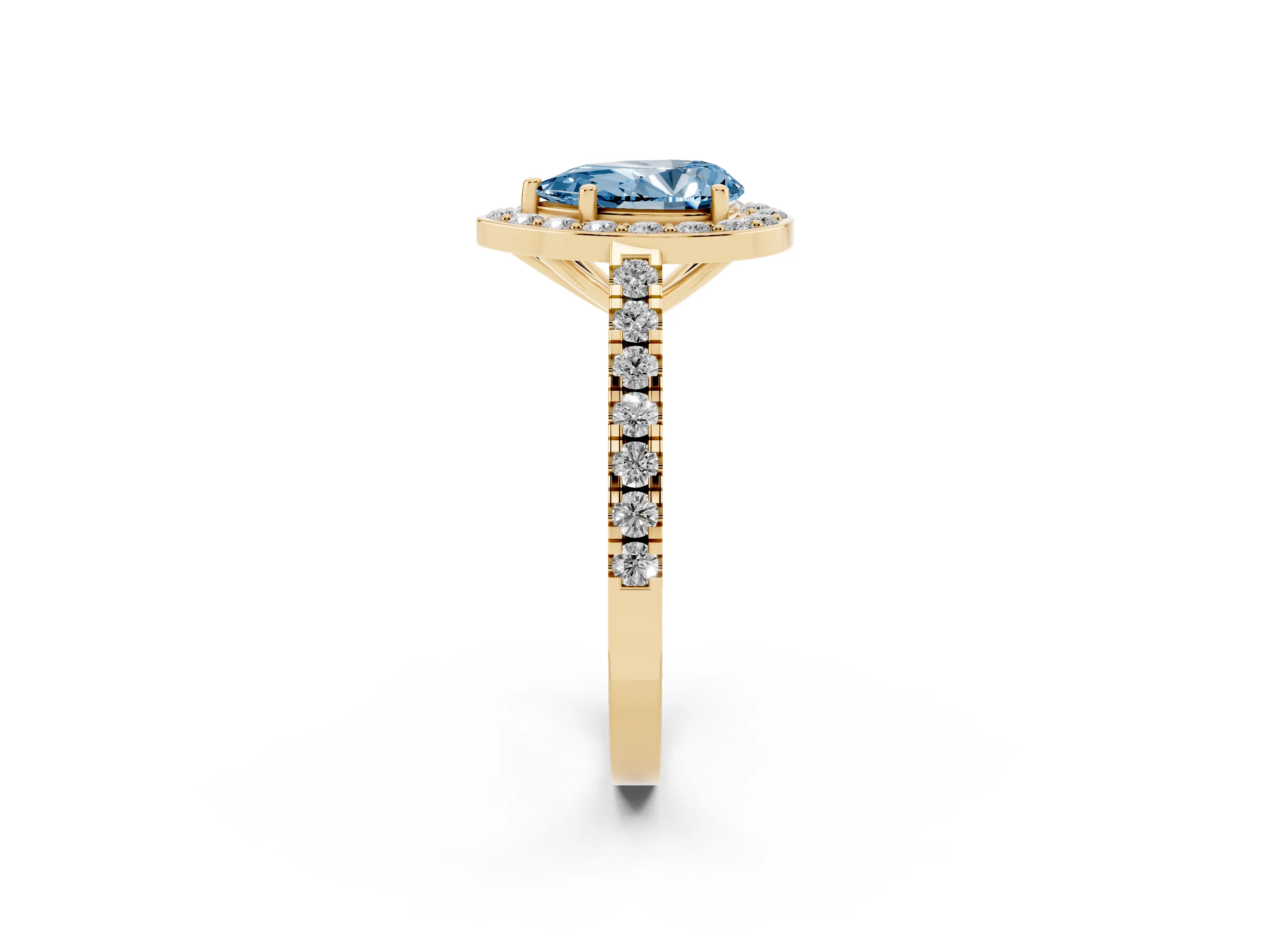 Fancy Blue Pear Cut Diamond Halo Ring Set in Yellow gold with Round Pavé Split Shank and Prong Setting