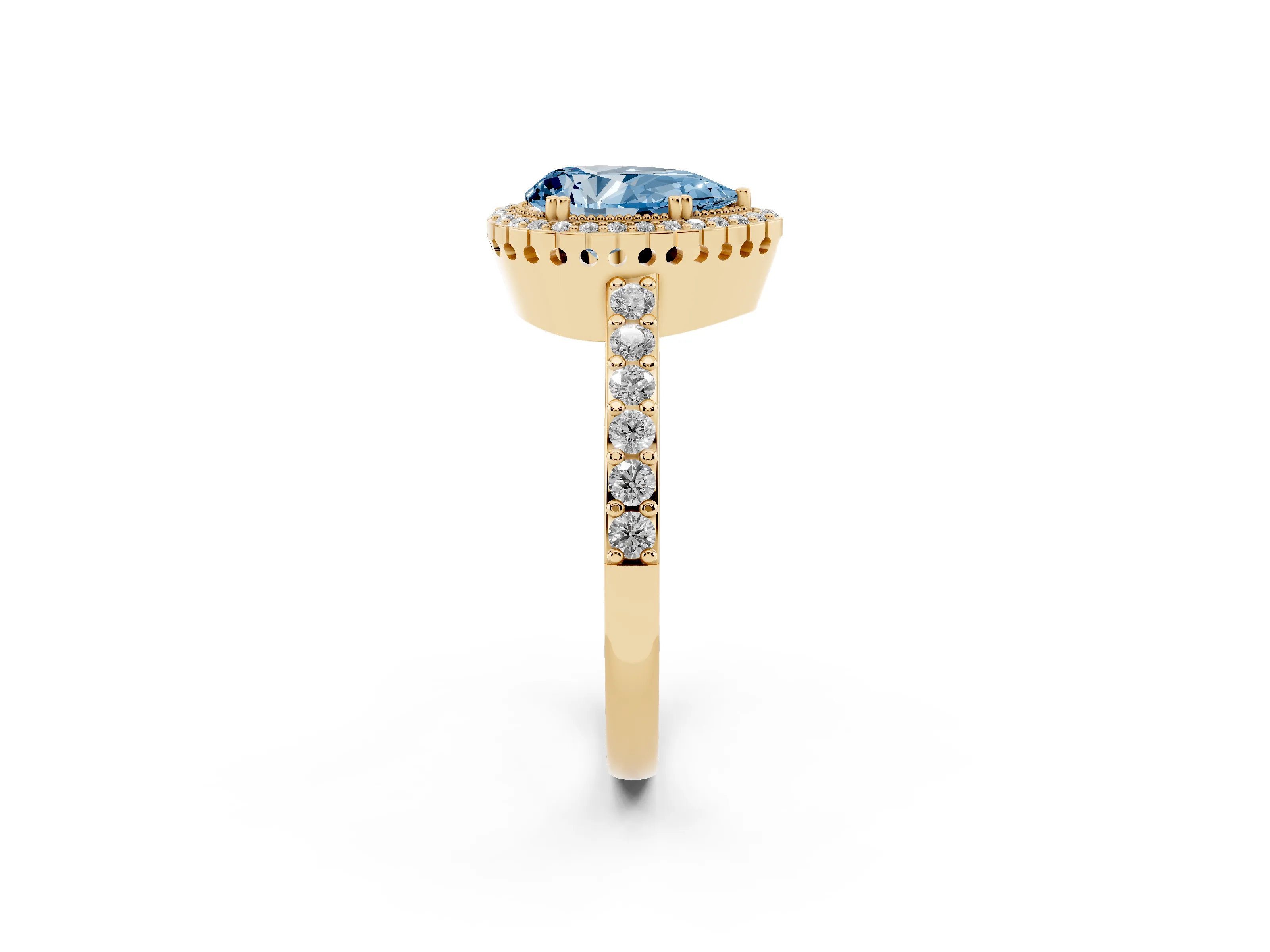 Fancy Blue Pear Cut Diamond Halo Engagement Ring Set in Yellow gold with Milgrain Detail and Pavé Band