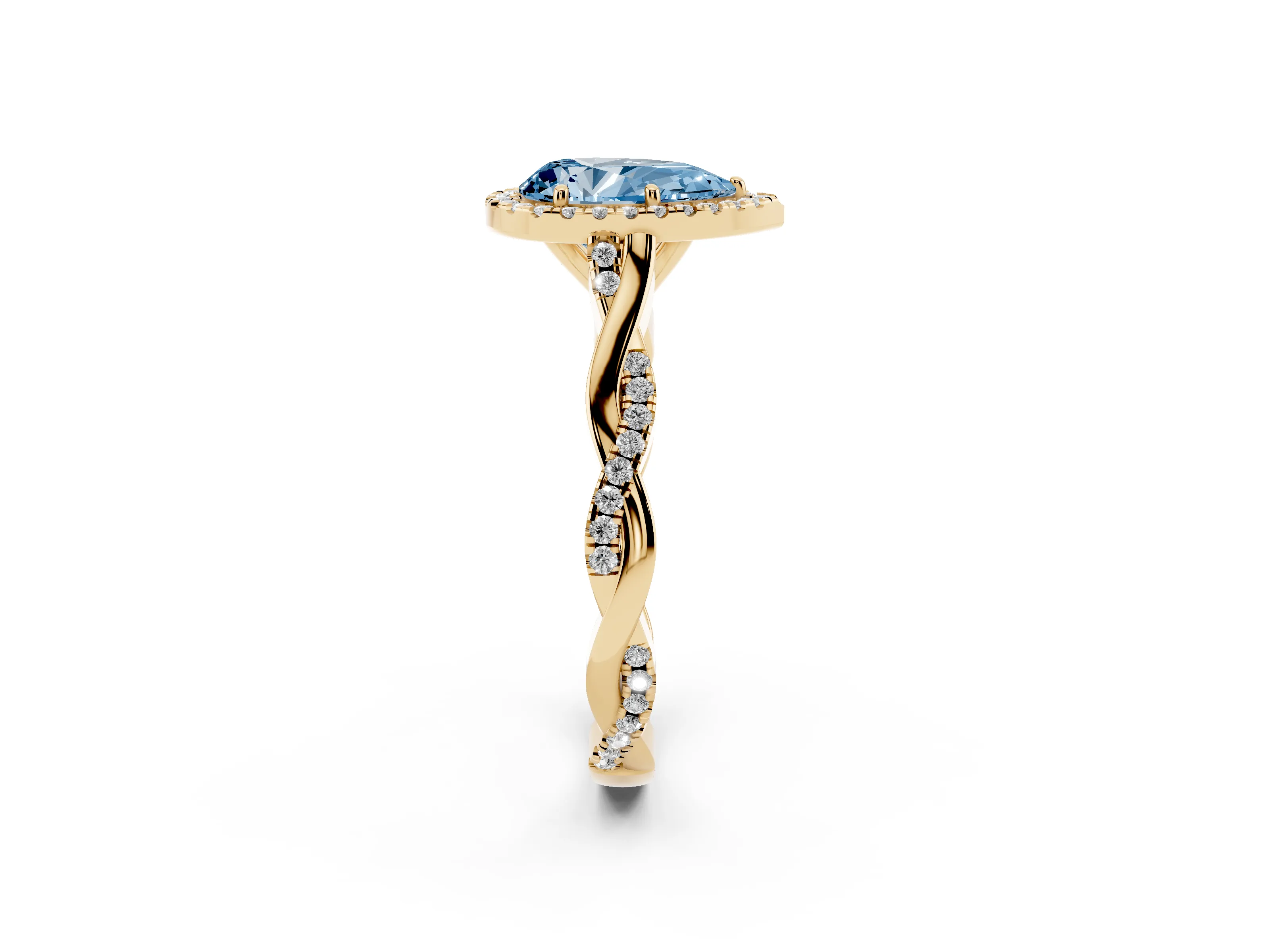 Fancy Blue Pear Cut Diamond Halo Twist Band Solitaire Ring Set in Yellow gold with Prong Setting