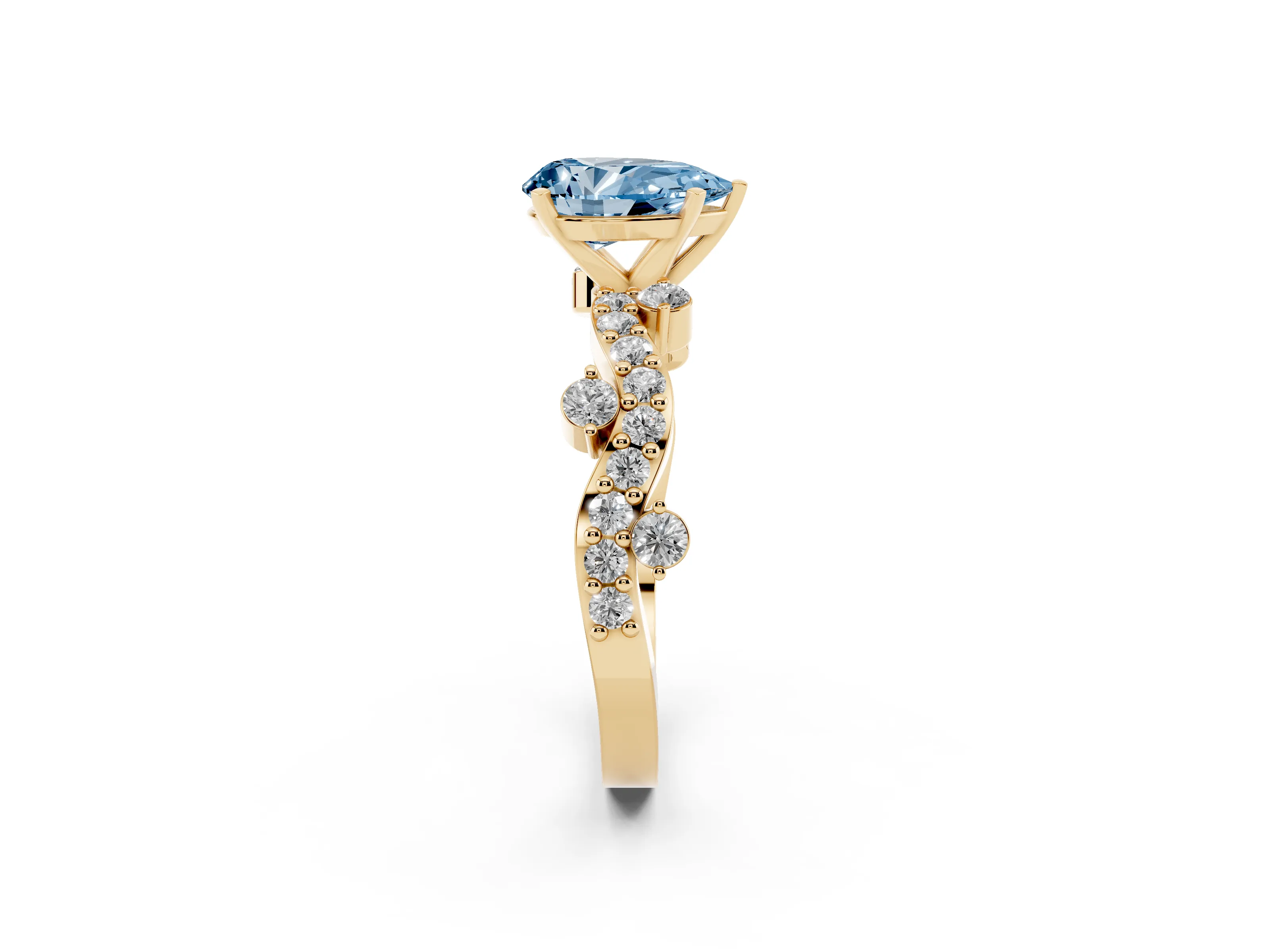 Fancy Blue Pear Cut Diamond Solitaire Twisted Band Set in Yellow gold with Pavé Setting