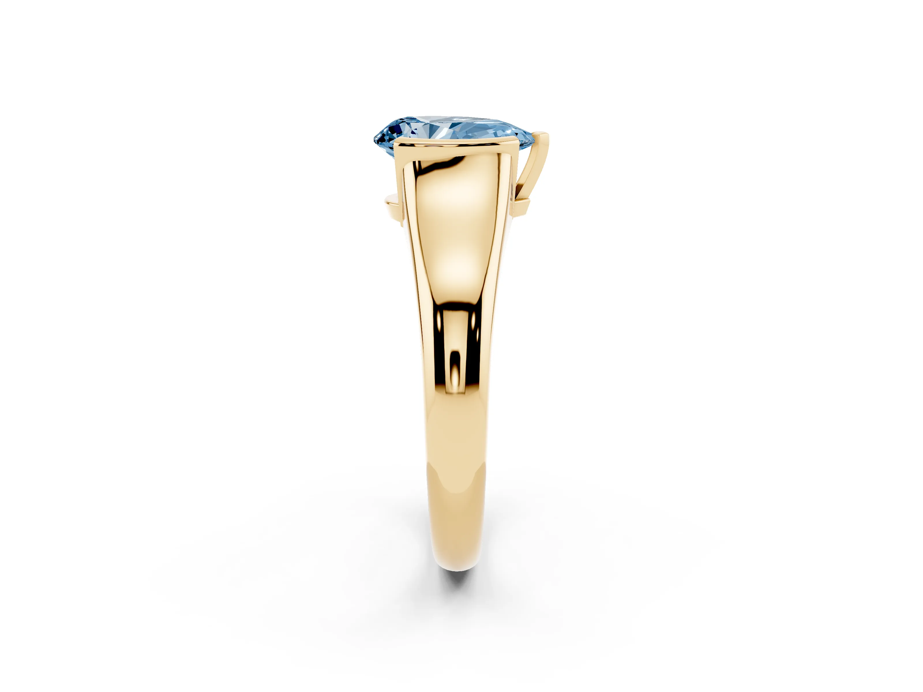 Fancy Blue Pear Cut Diamond Solitaire Tension Set Ring Set in Yellow gold with Split Shank Band