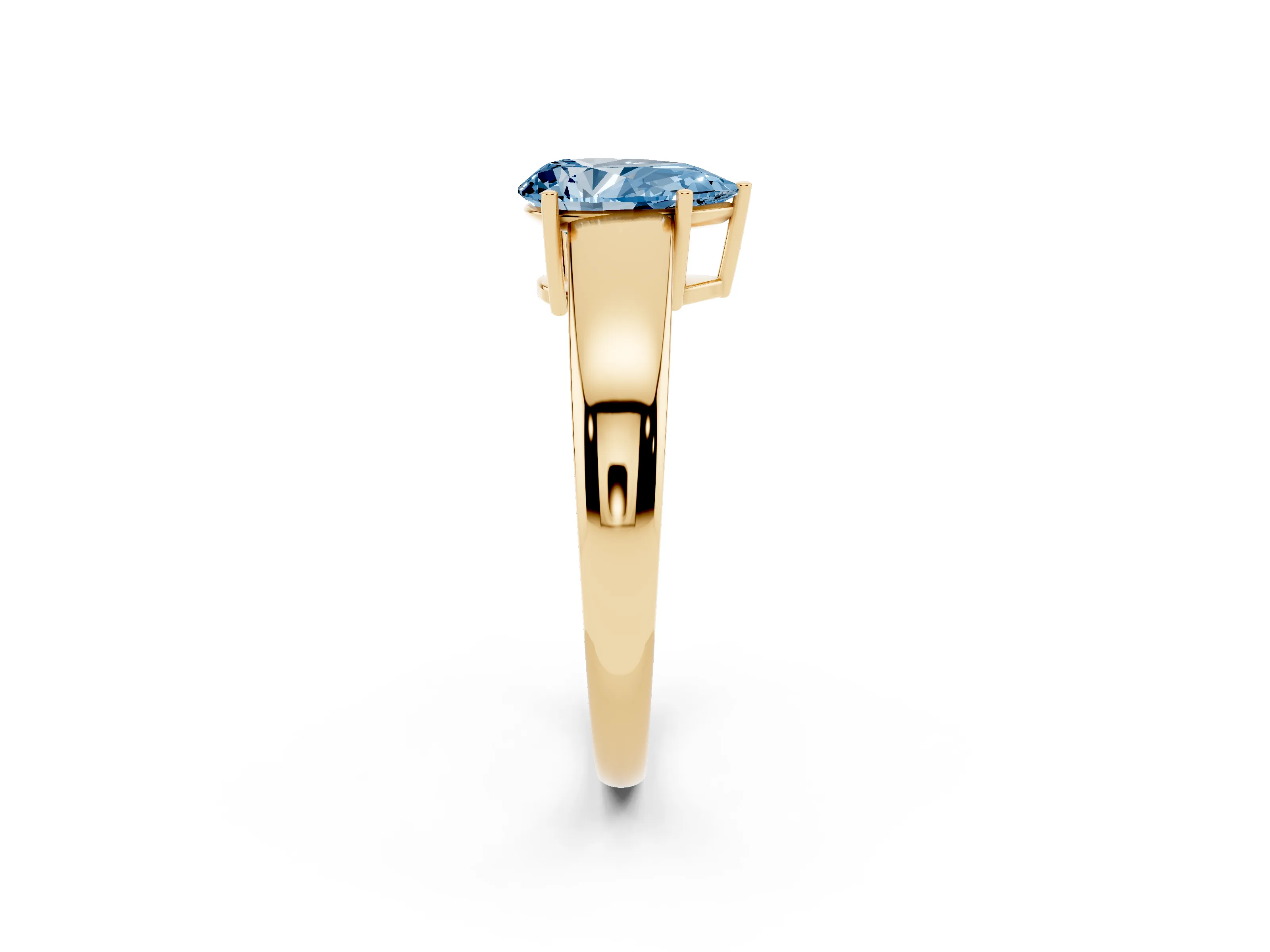 Fancy Blue Pear Cut Diamond Solitaire Ring Set in Yellow gold with Tapered Band and Prong Setting