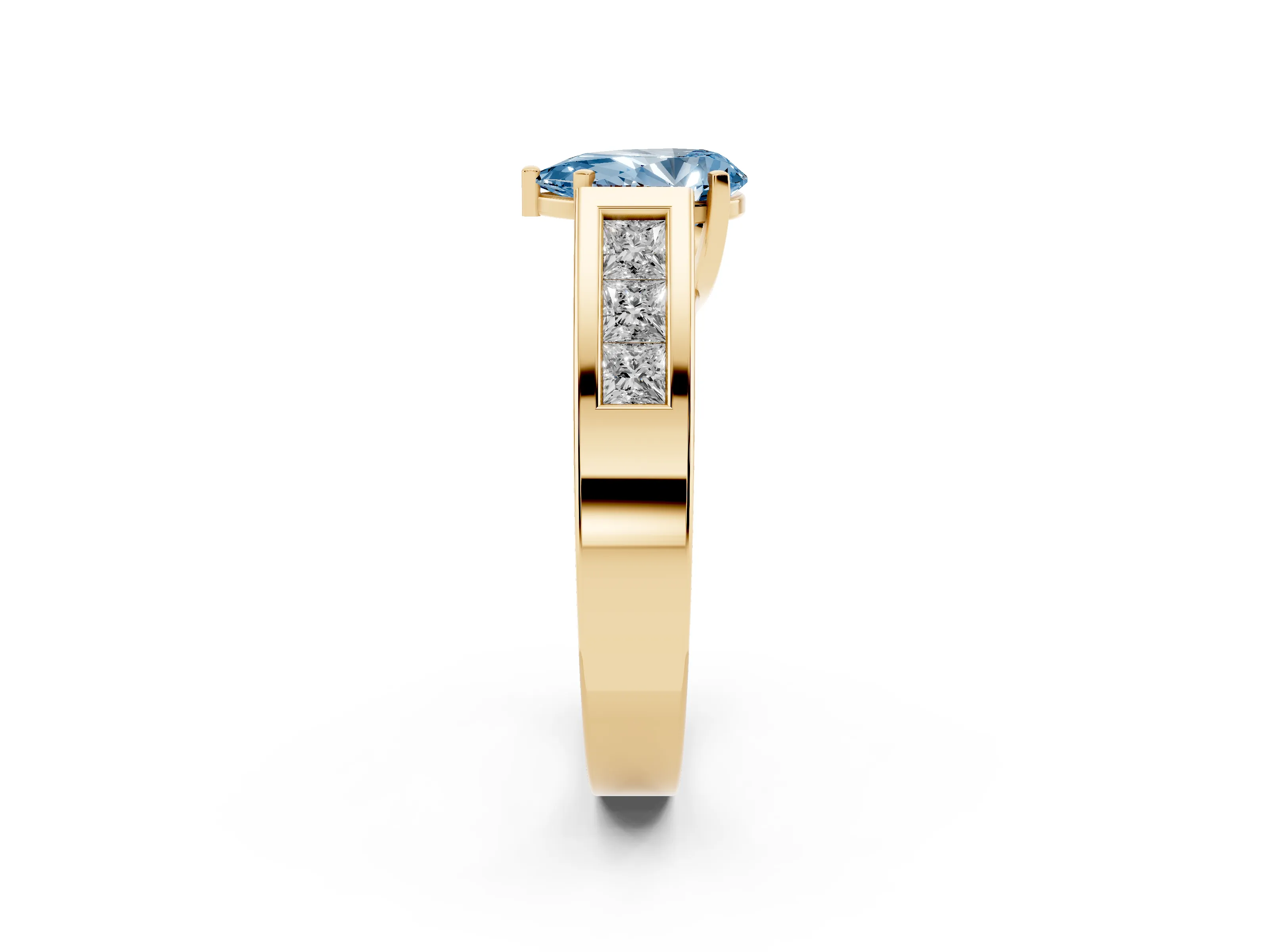 Fancy Blue Pear Cut Diamond Solitaire Ring Set in Yellow gold with Channel-Set Accent Stones and Prong Setting