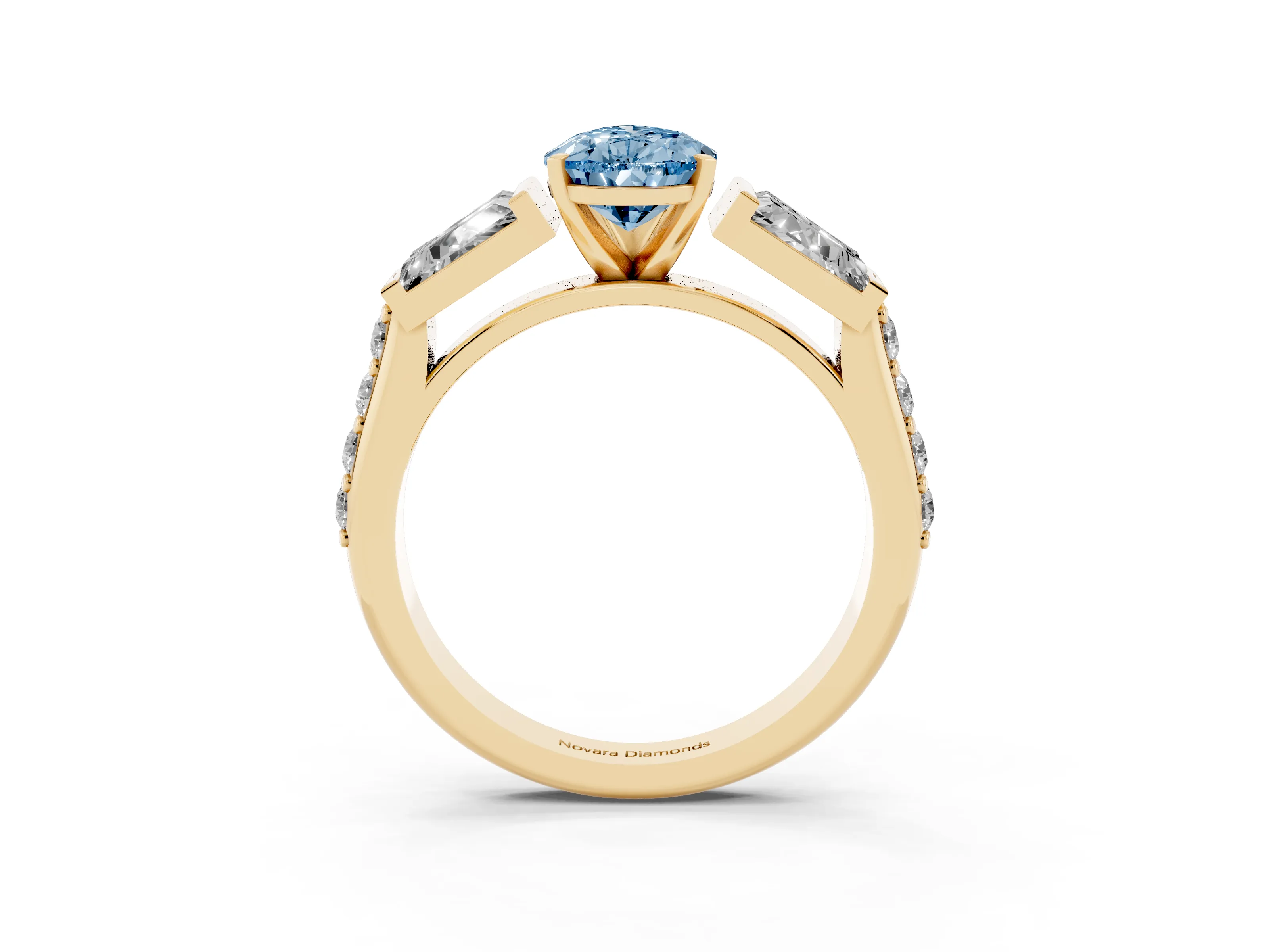 Fancy Blue Pear Cut Diamond Engagement Ring Set in Yellow gold with Baguette Side Stones and Channel Set Band