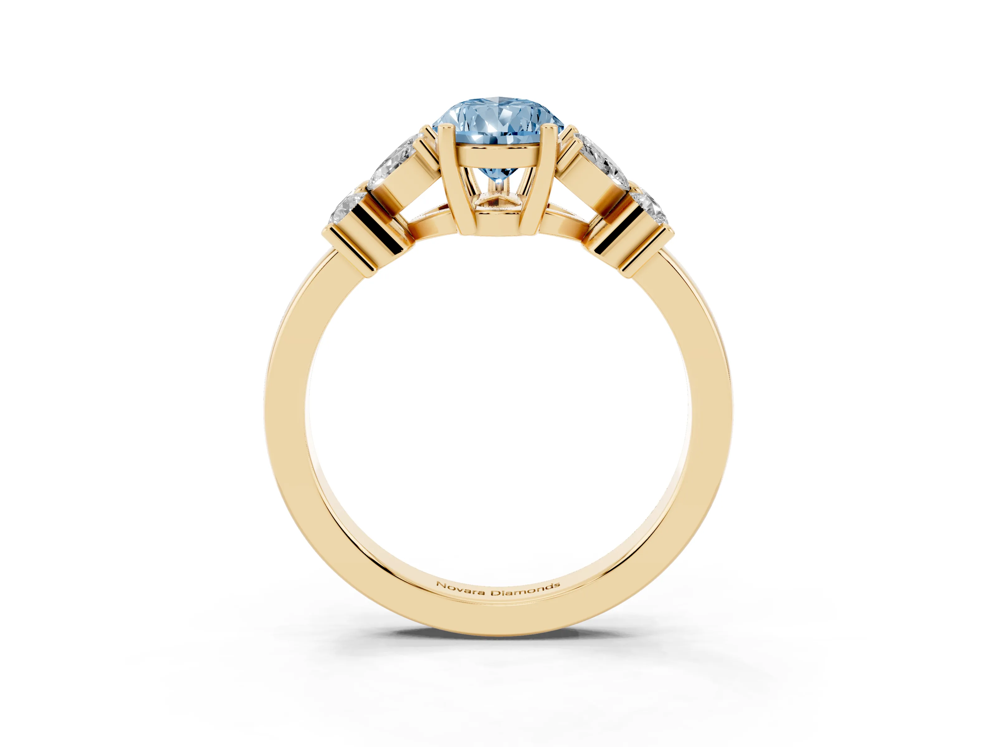 Fancy Blue Pear Cut Diamond Floral Cluster Ring Set in Yellow gold with Marquise Petals and Prong Setting