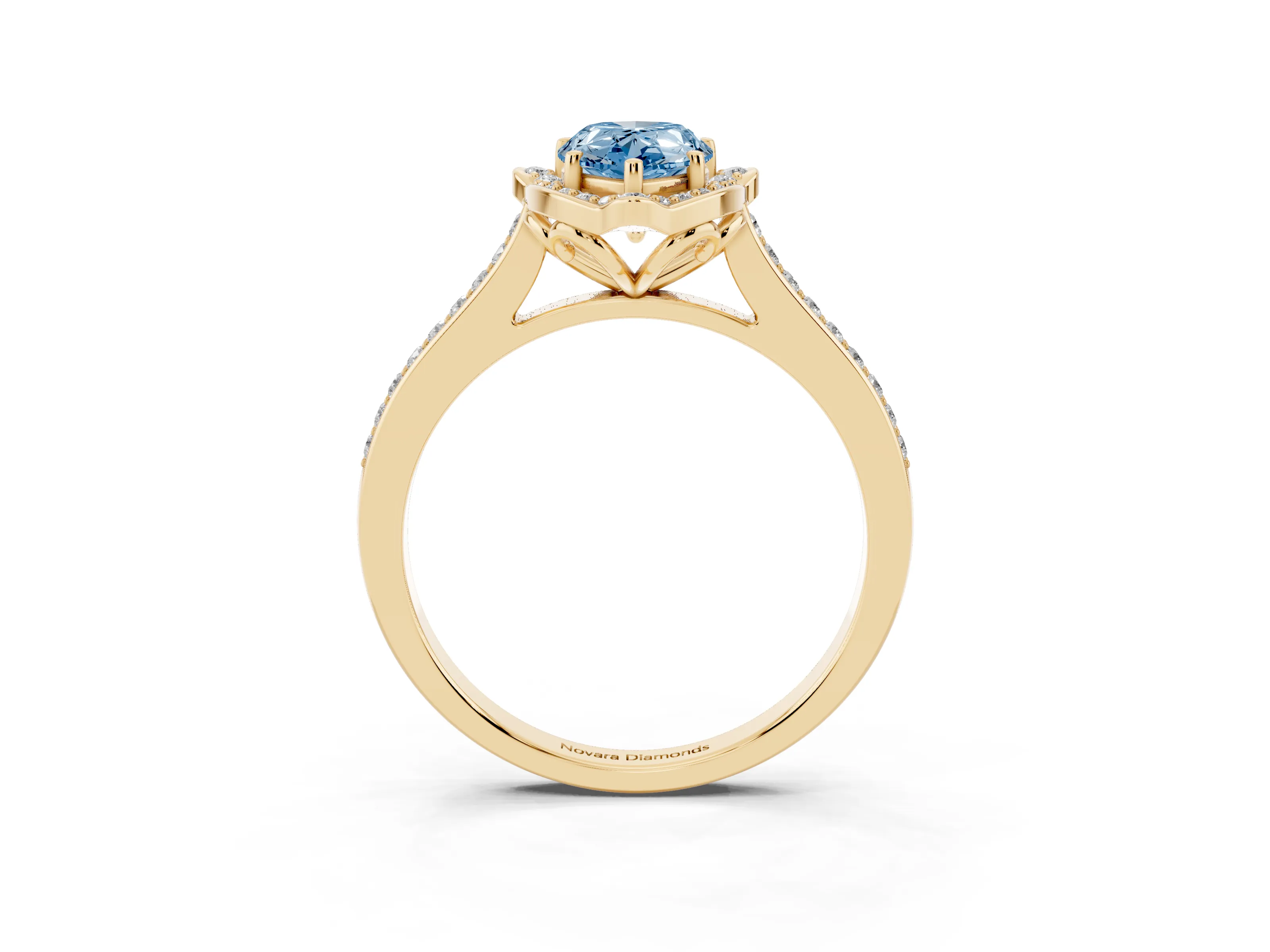 Fancy Blue Pear Cut Diamond Halo Ring Set in Yellow gold with Pavé-Lined Shoulders and Prong Setting