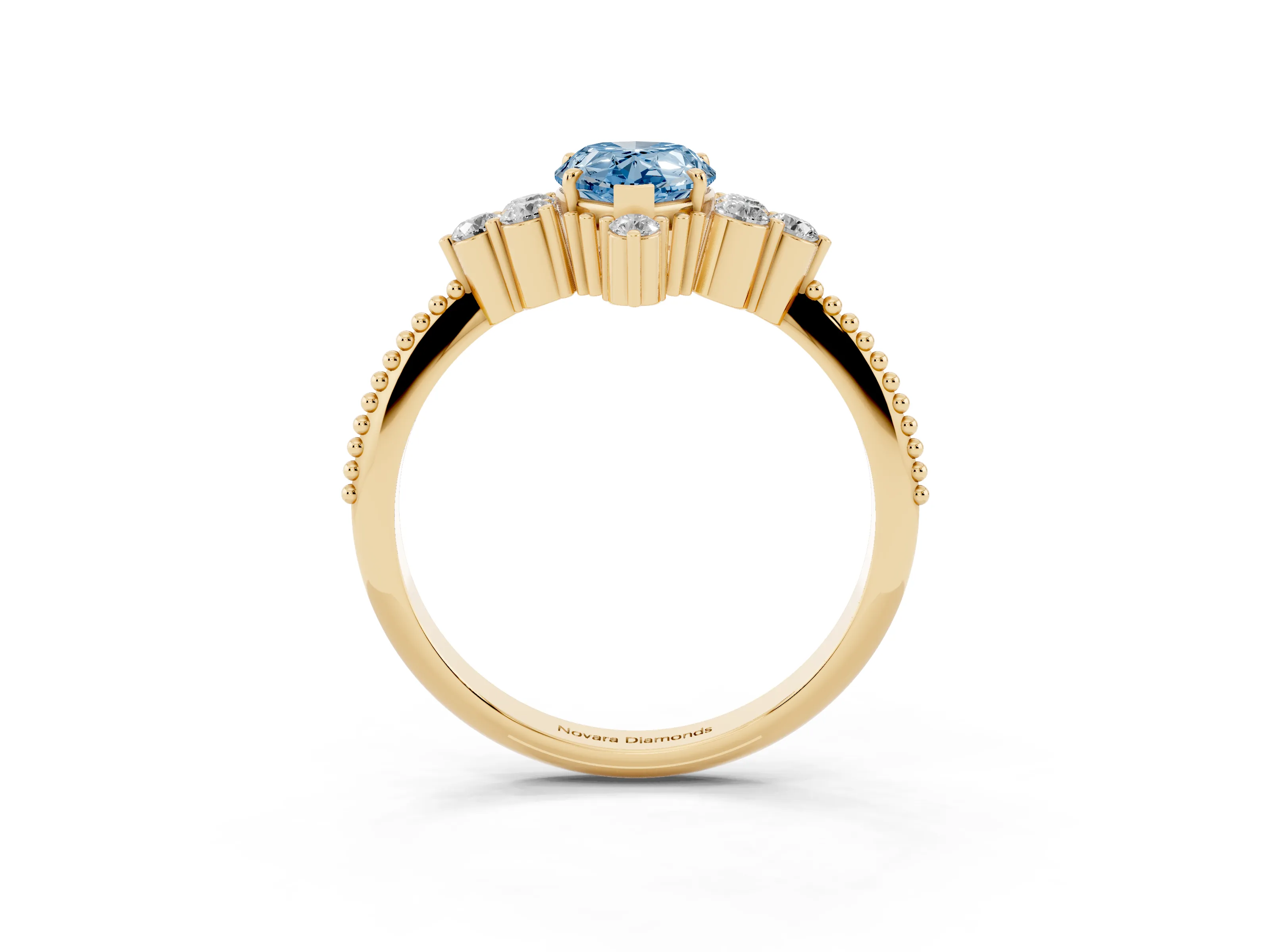 Fancy Blue Pear Cut Diamond Cluster Ring Set in Yellow gold with Beaded Band