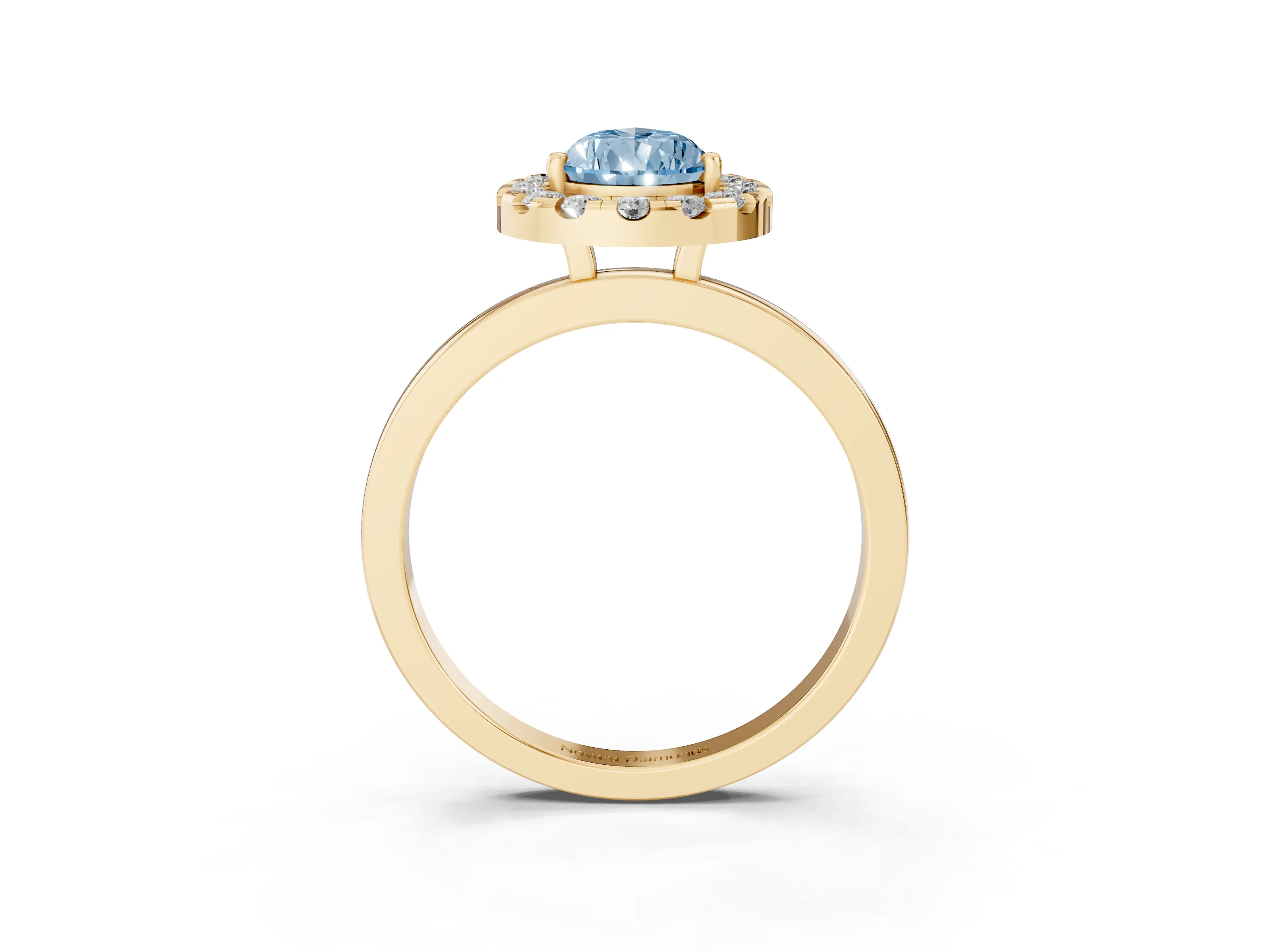 Fancy Blue Pear Cut Diamond Halo Solitaire Ring Set in Yellow gold with Pavé Band and Prong Setting