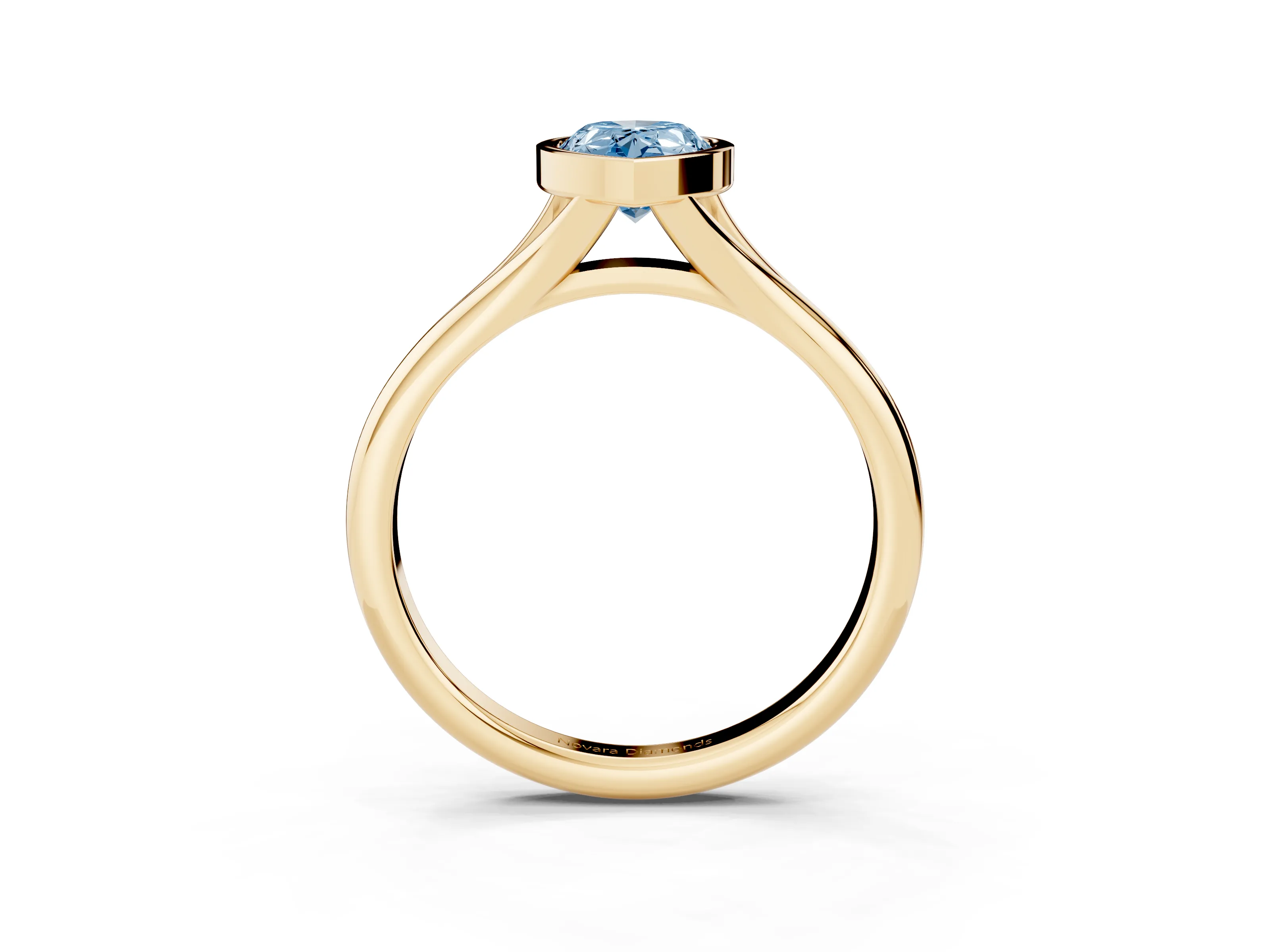 Fancy Blue Bezel Set Pear Cut Diamond Solitaire Ring Set in Yellow gold with Smooth Band