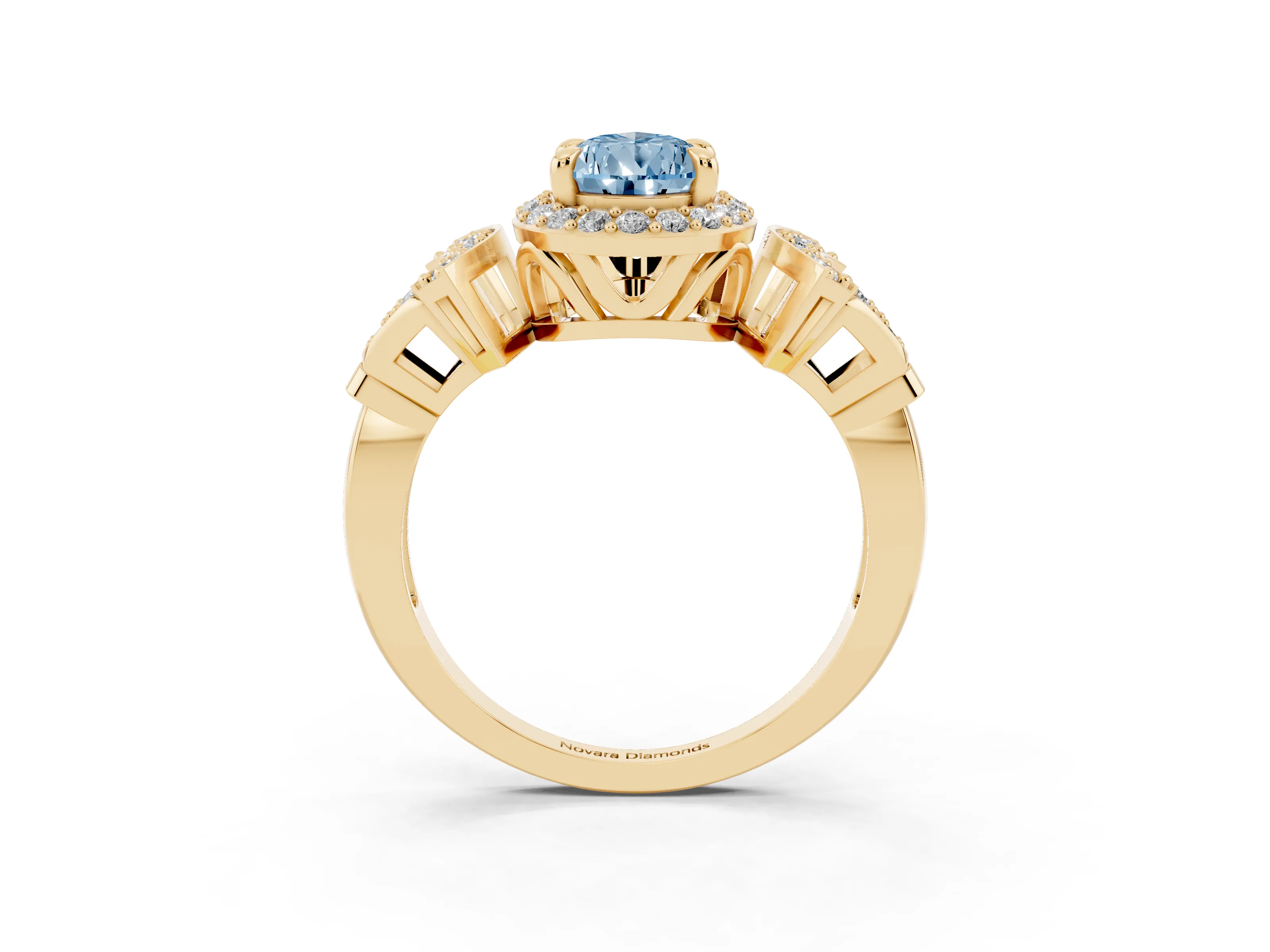 Fancy Blue Pear Cut Diamond Halo Engagement Ring Set in Yellow gold with Accent Stone Split Shank