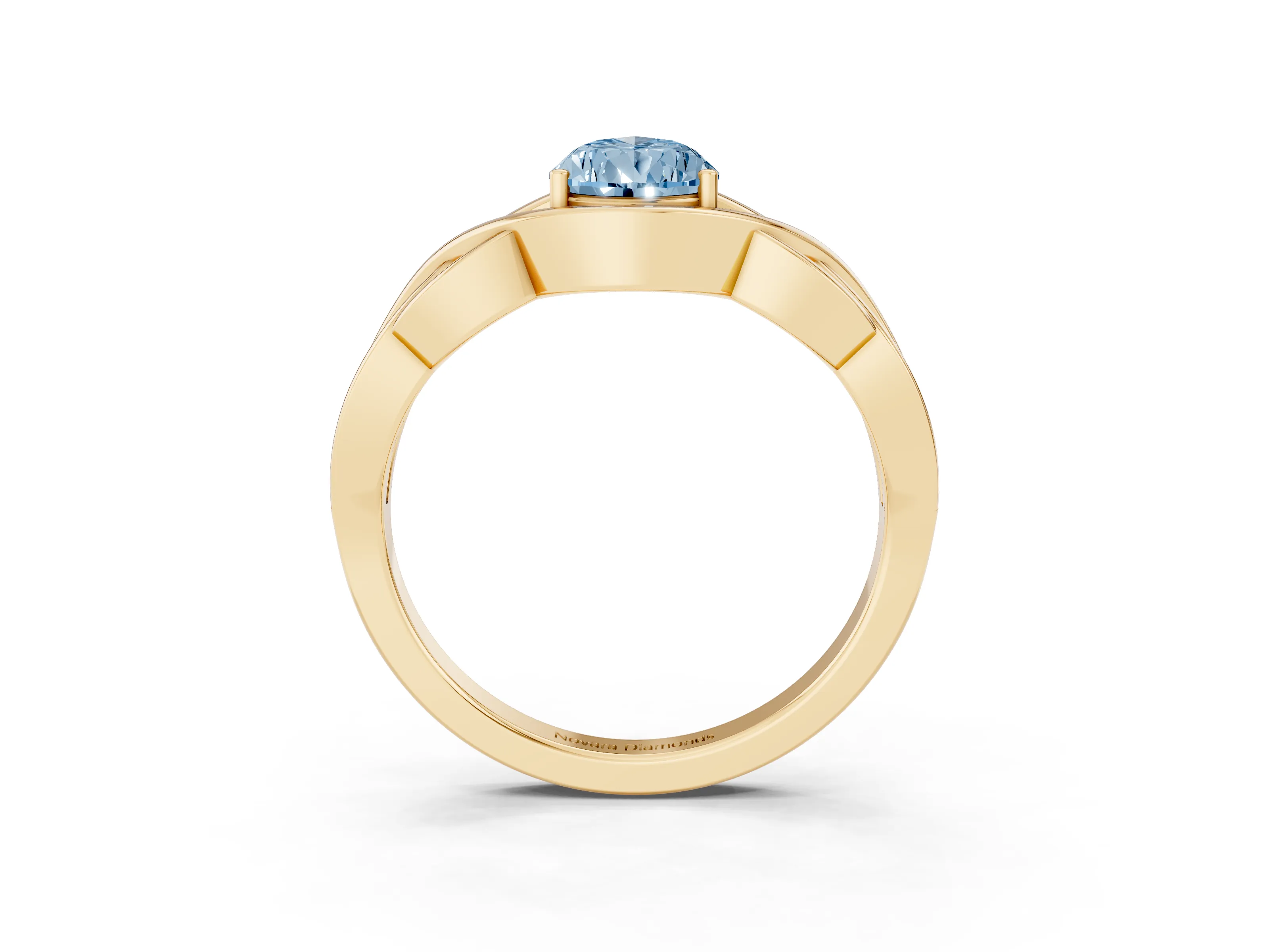 Fancy Blue Pear Cut Diamond Solitaire Ring Set in Yellow gold with Intertwined Band