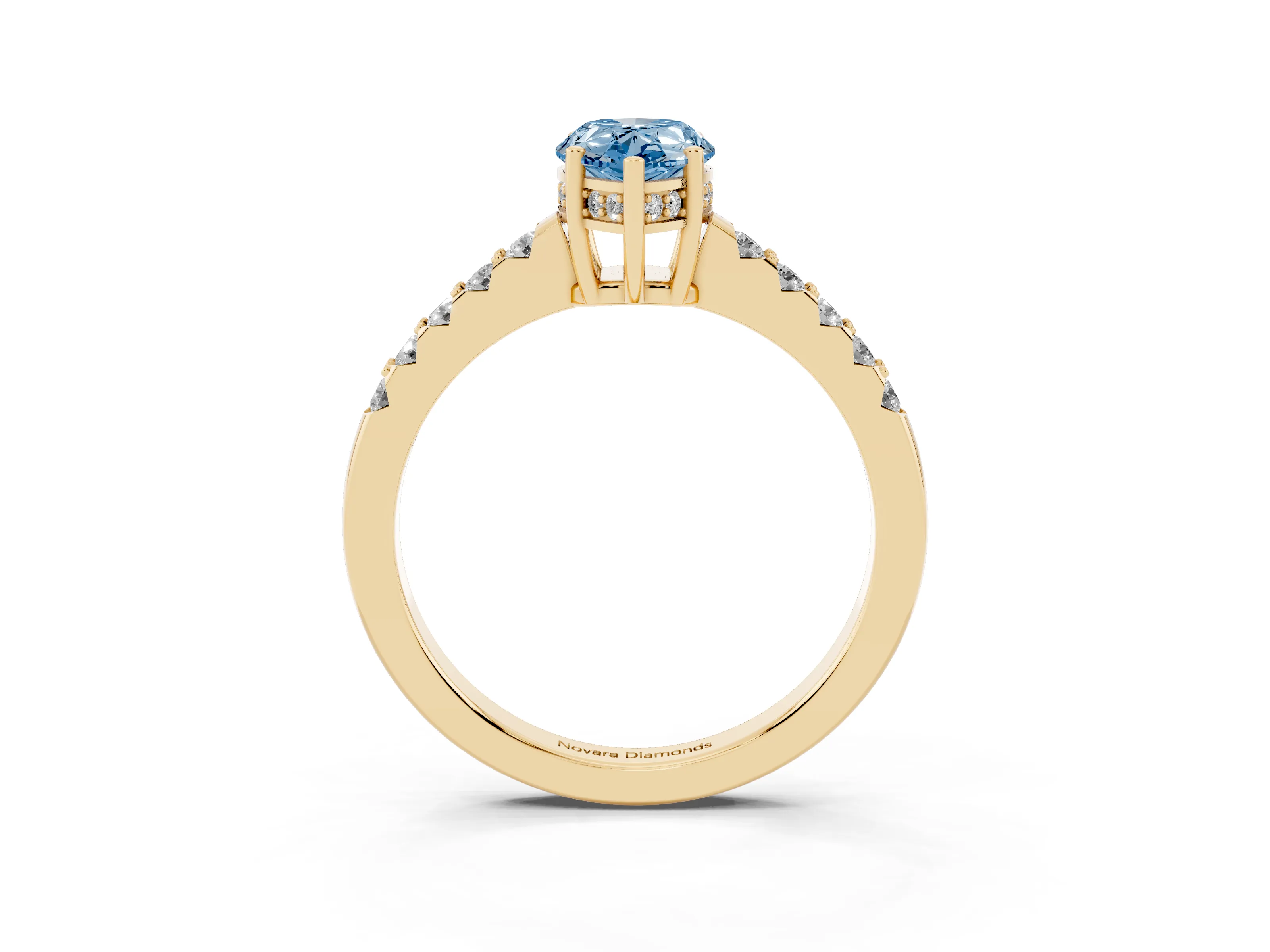 Fancy Blue Pear Cut Diamond Solitaire Engagement Ring Set in Yellow gold with Pavé Band and Prong Setting