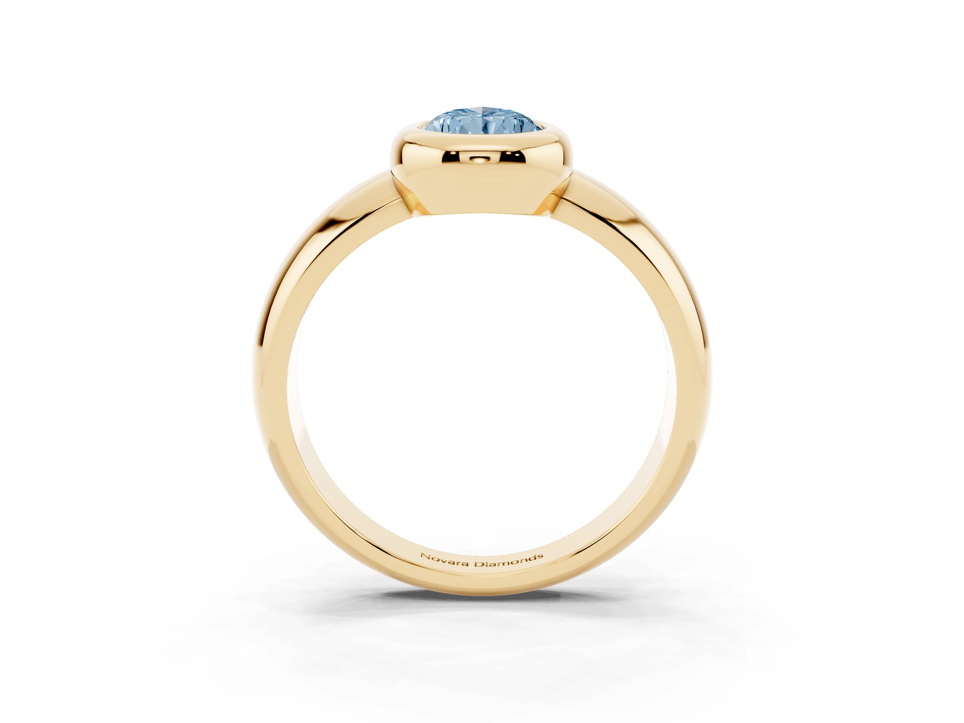 Fancy Blue Bezel Set Pear Cut Diamond Solitaire Ring Set in Yellow gold with Wide Band