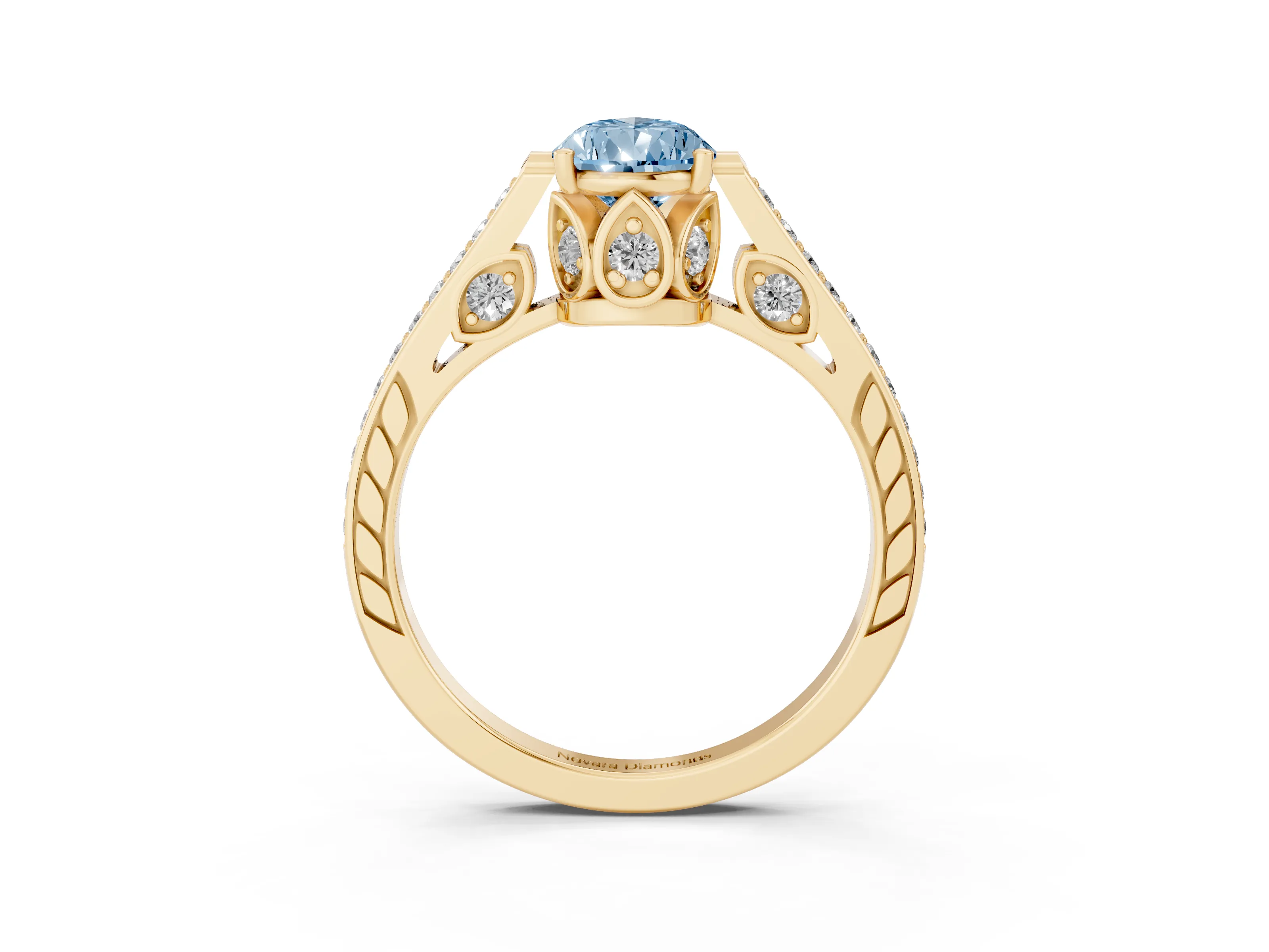 Fancy Blue Pear Cut Diamond Cathedral Pavé Engagement Ring Set in Yellow gold with Prong Setting