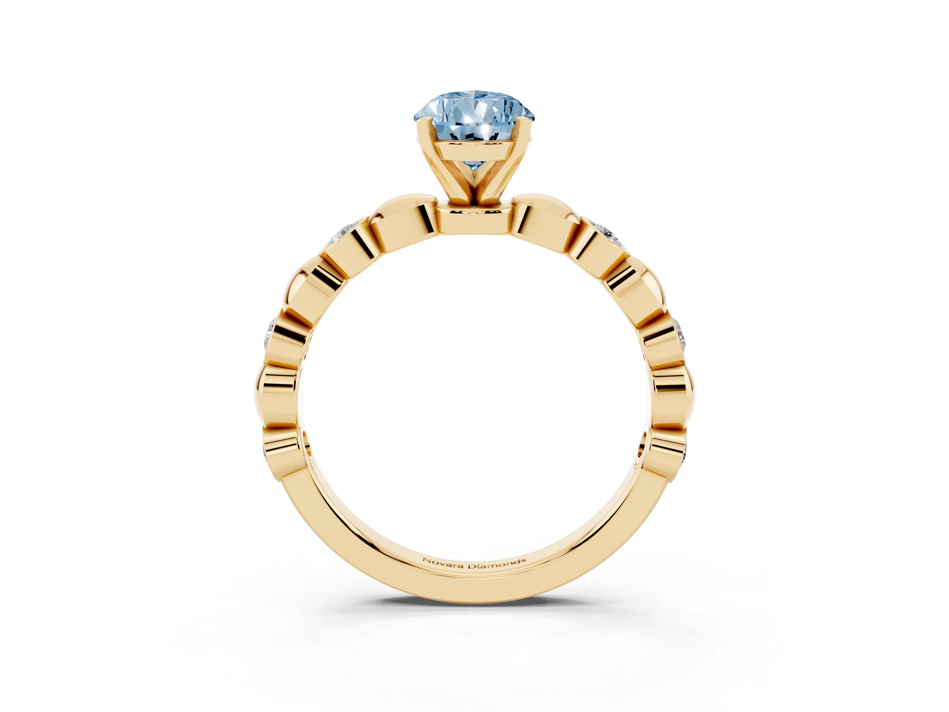 Fancy Blue Pear Cut Diamond Solitaire Ring Set in Yellow gold with Bezel-Set Accents on Beaded Band and Prong Setting