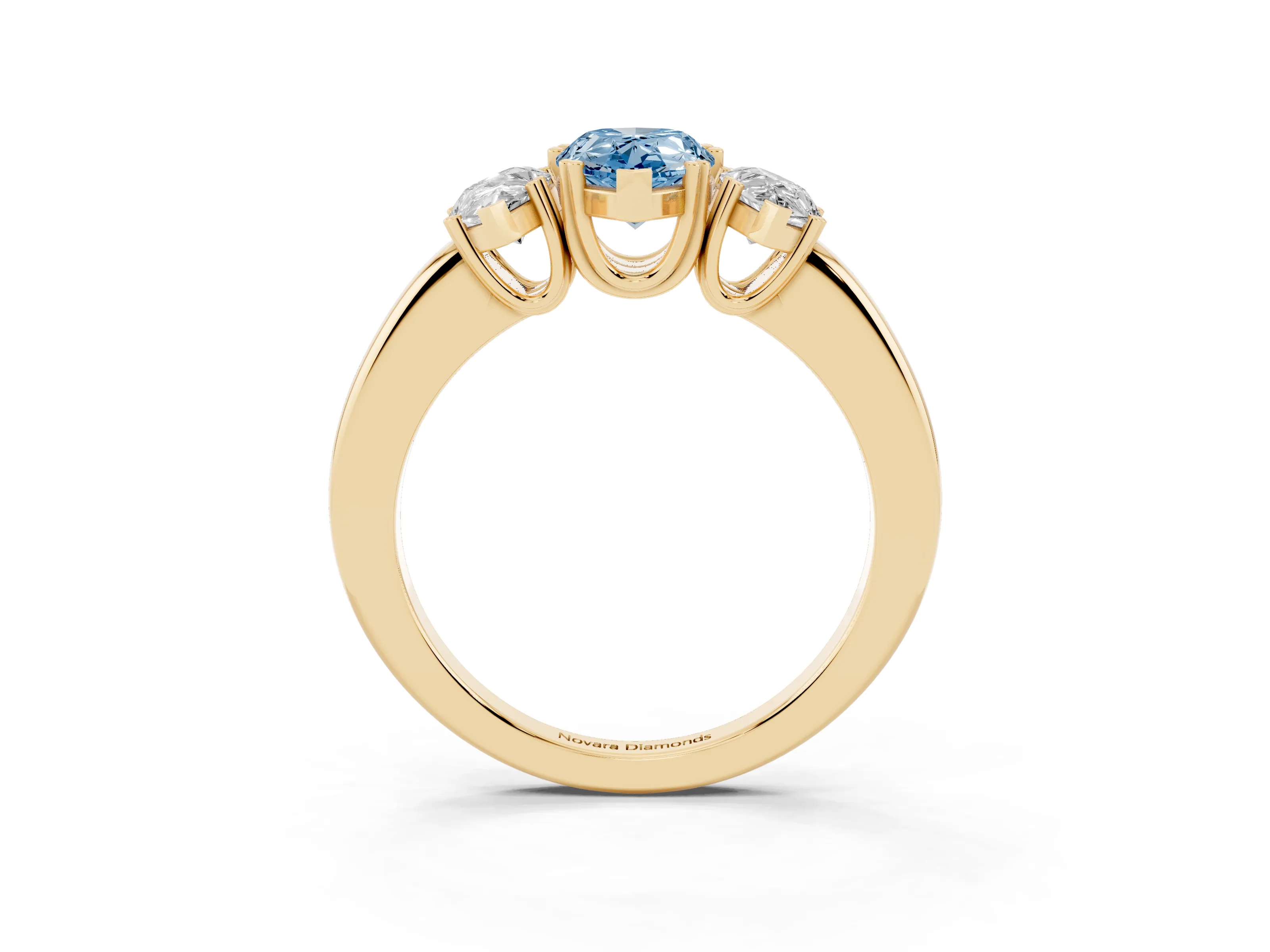 Fancy Blue Pear Cut Diamond Three-Stone Ring Set in Yellow gold with Polished Channel-Set Band