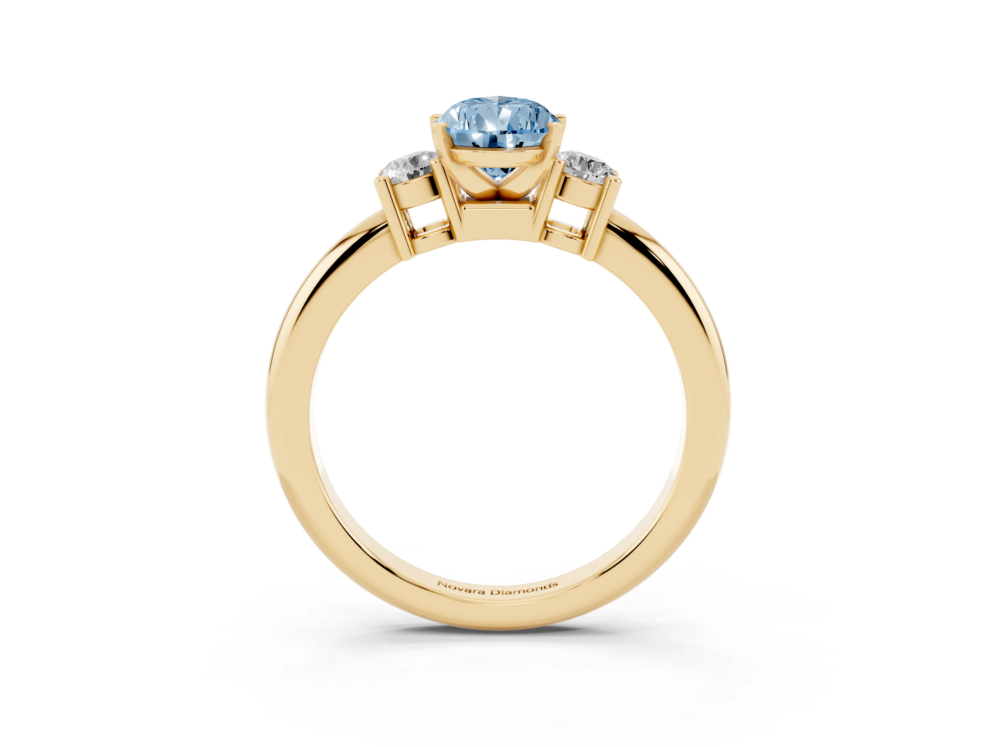 Fancy Blue Three-Stone Pear Cut Diamond Ring Set in Yellow gold with Prong Setting and Plain Band