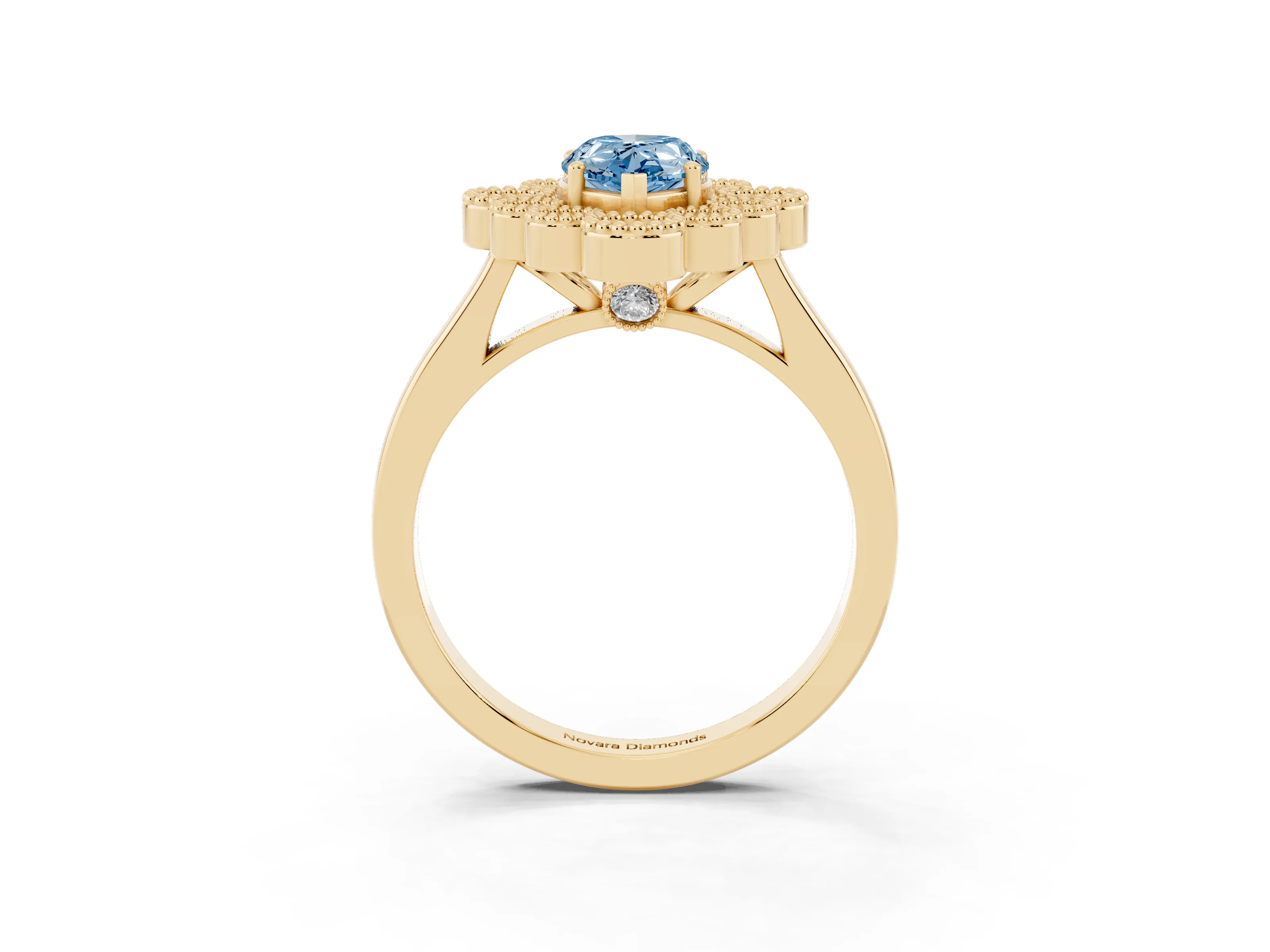 Fancy Blue Pear Cut Diamond Cluster Halo Ring Set in Yellow gold with Milgrain Bezel Accents and Plain Band