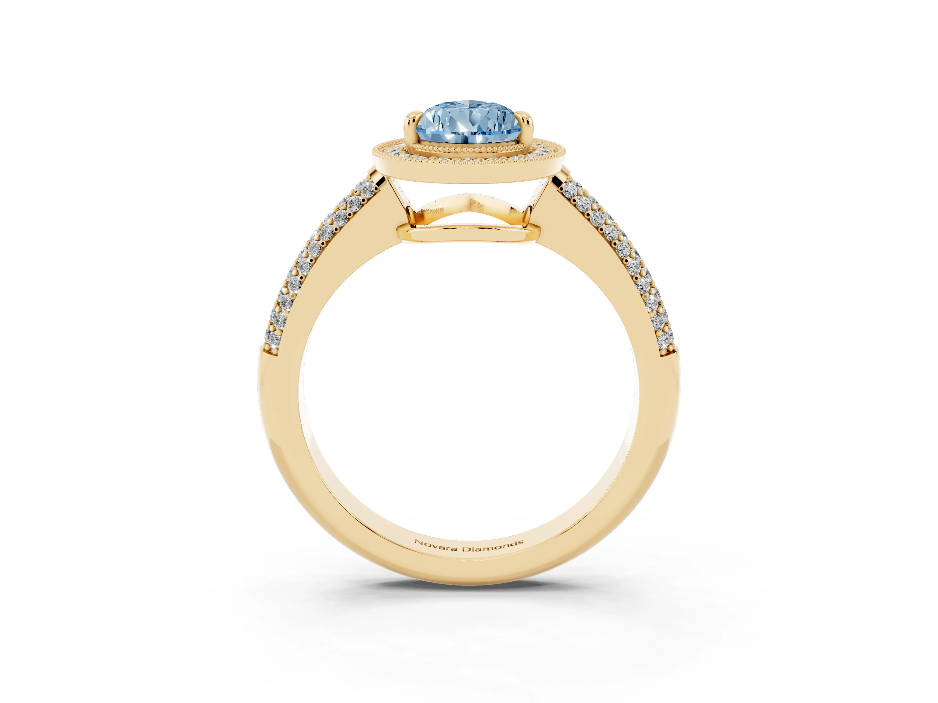 Fancy Blue Pear Cut Diamond Halo Pavé Band Set in Yellow gold with Prong Setting