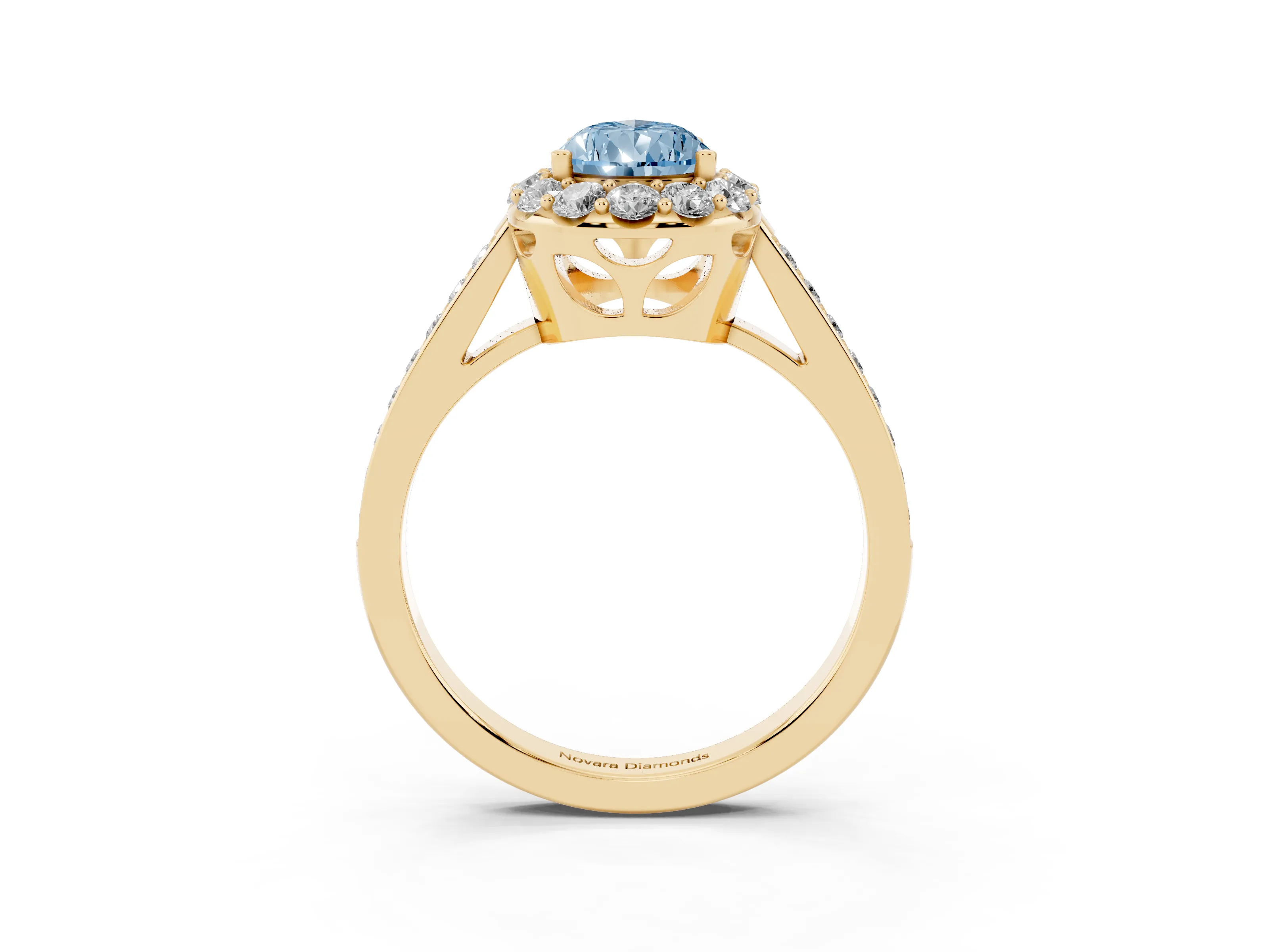 Fancy Blue Pear Cut Diamond Floral Halo Ring Set in Yellow gold with Pavé Band and Prong Setting