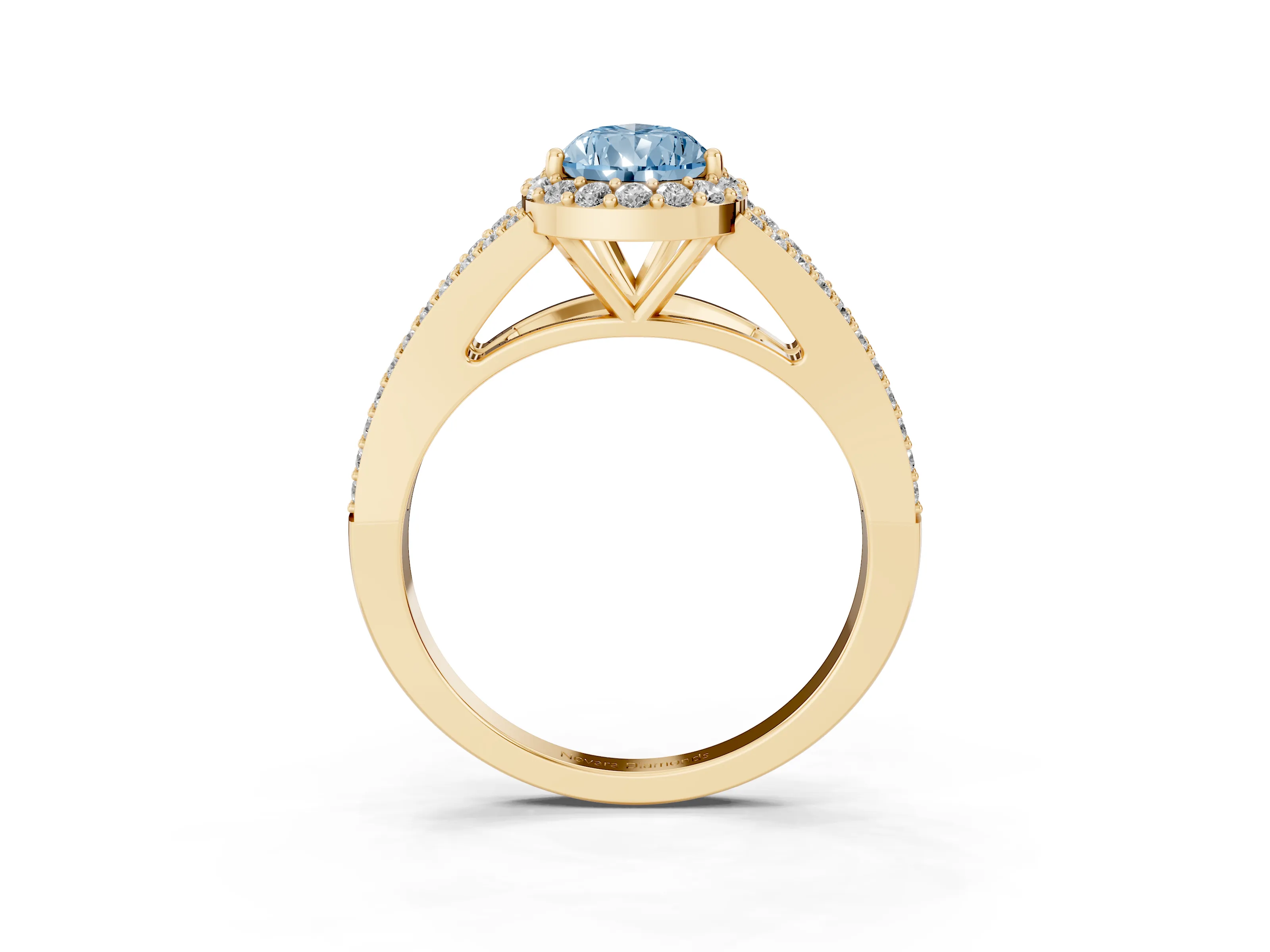 Fancy Blue Pear Cut Diamond Halo Split Shank Pavé Ring Set in Yellow gold with Prong Setting