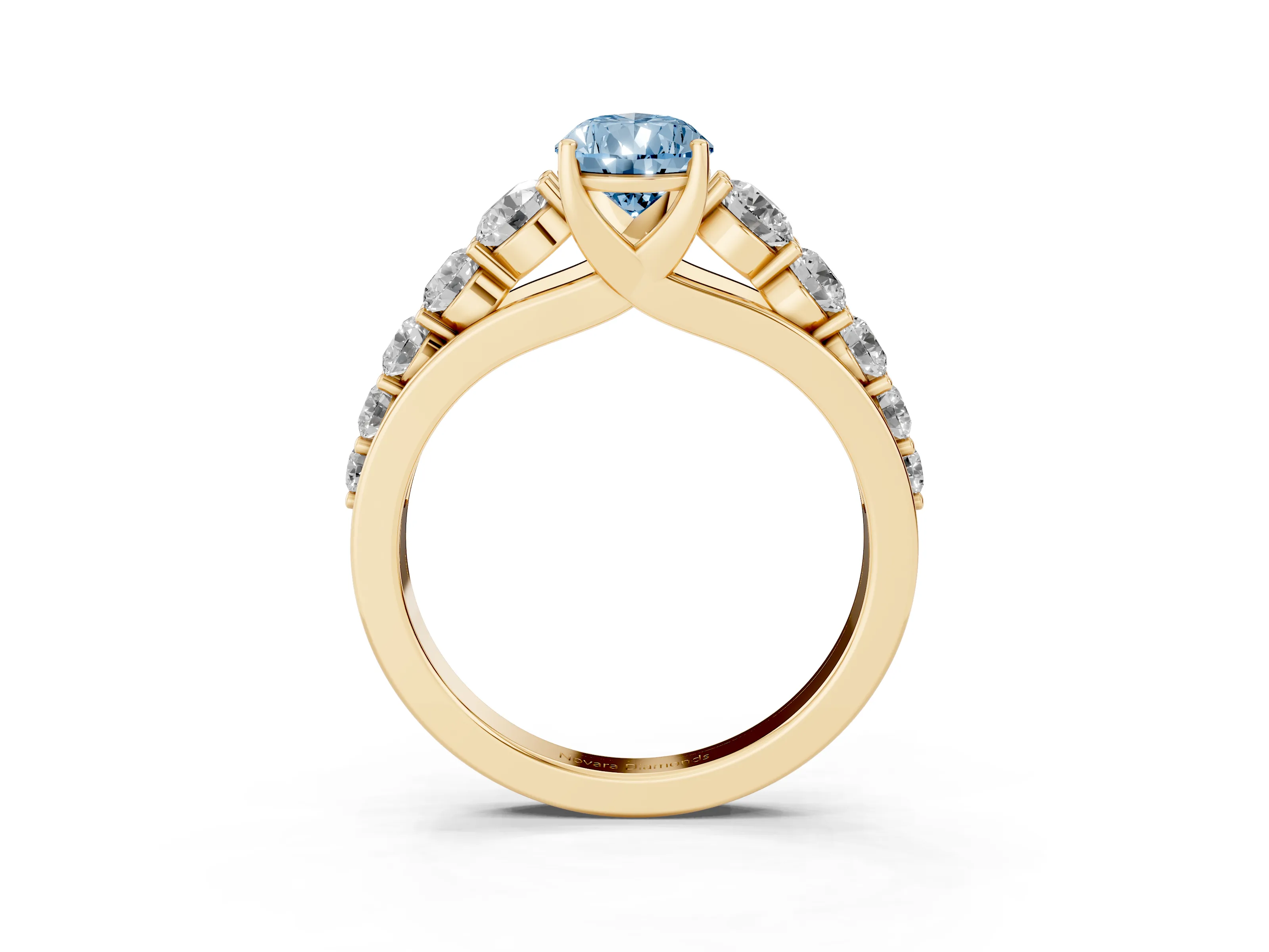 Fancy Blue Pear Cut Diamond Solitaire Ring Set in Yellow gold with Pavé-Set Band and Prong Setting
