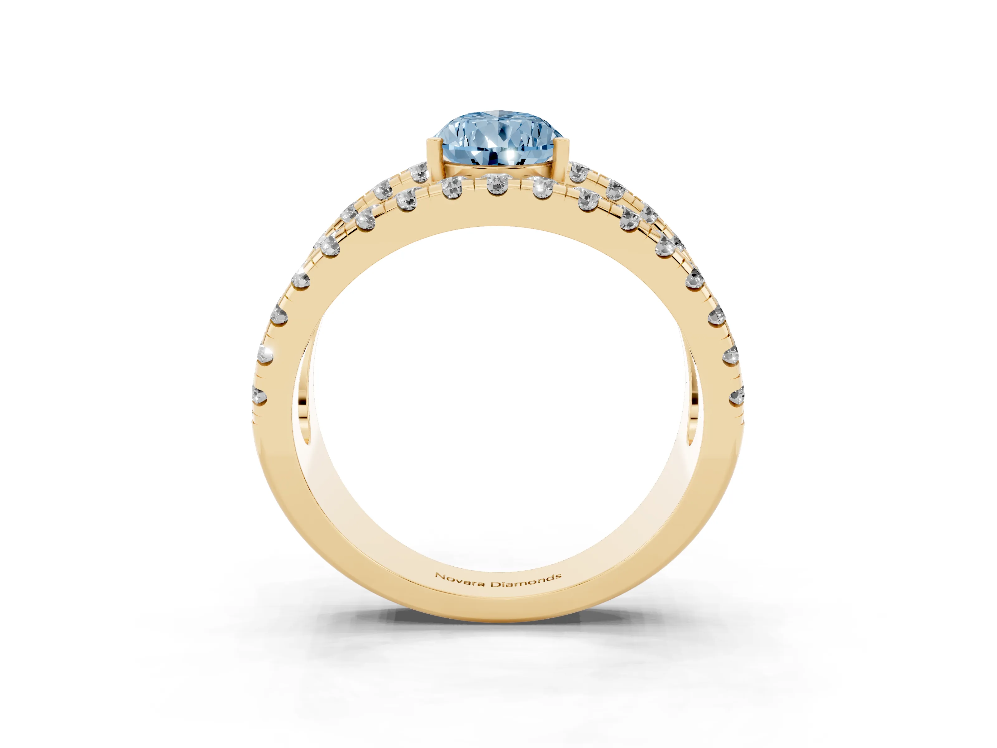 Fancy Blue Pear Cut Diamond Split Shank Pavé Solitaire Ring Set in Yellow gold with Open Shank Design