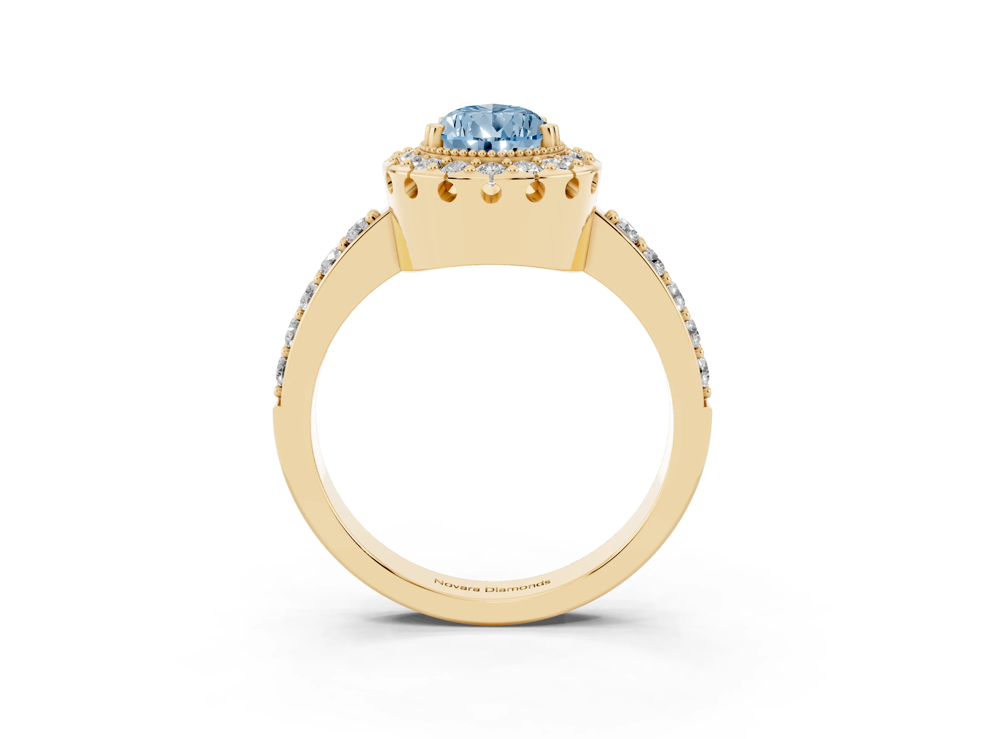 Fancy Blue Pear Cut Diamond Halo Ring Set in Yellow gold with Pavé Shank and Prong Setting