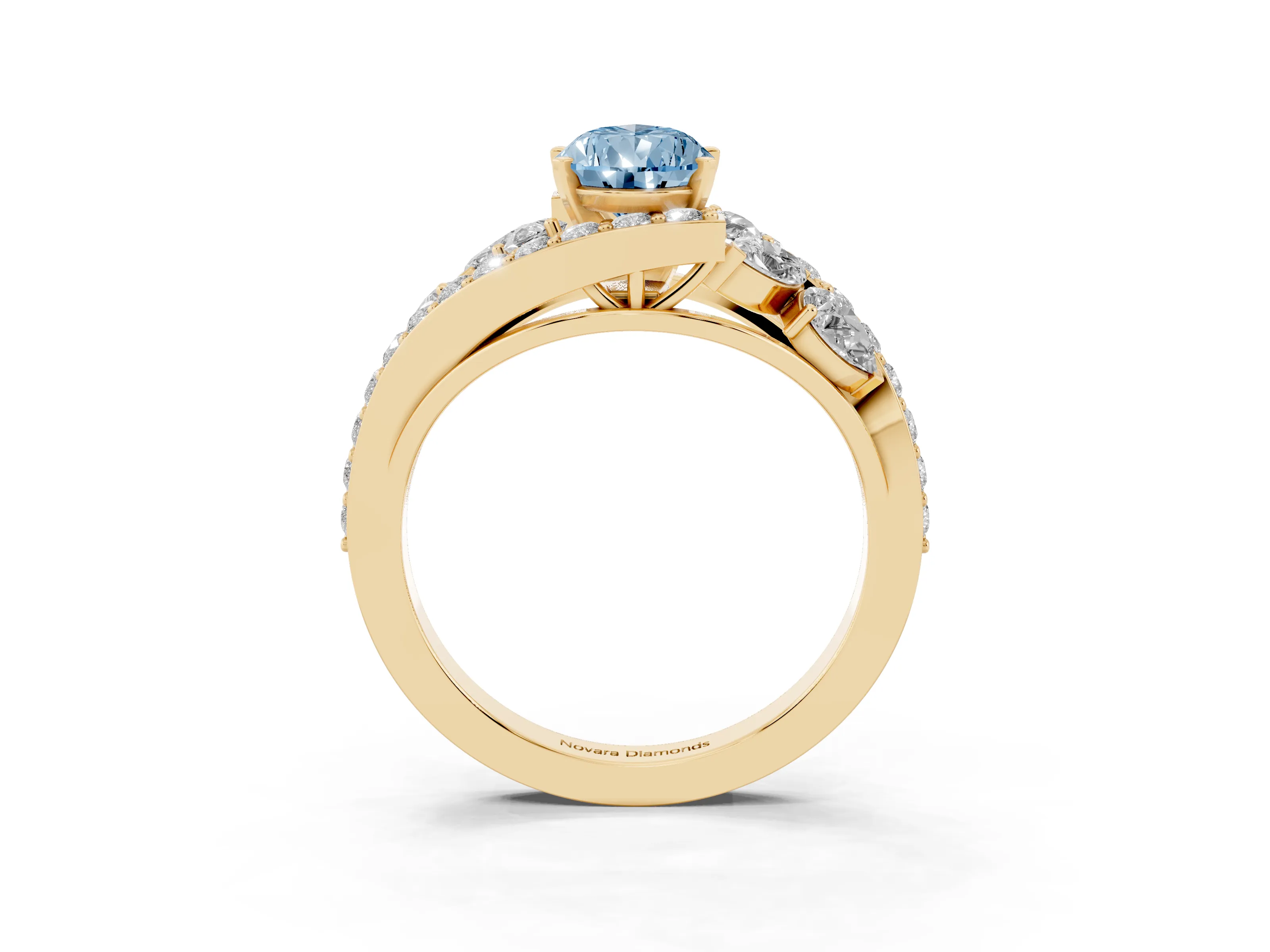 Fancy Blue Pear Cut Diamond Halo Ring Set in Yellow gold with Marquise and Pavé Band in Prong Setting