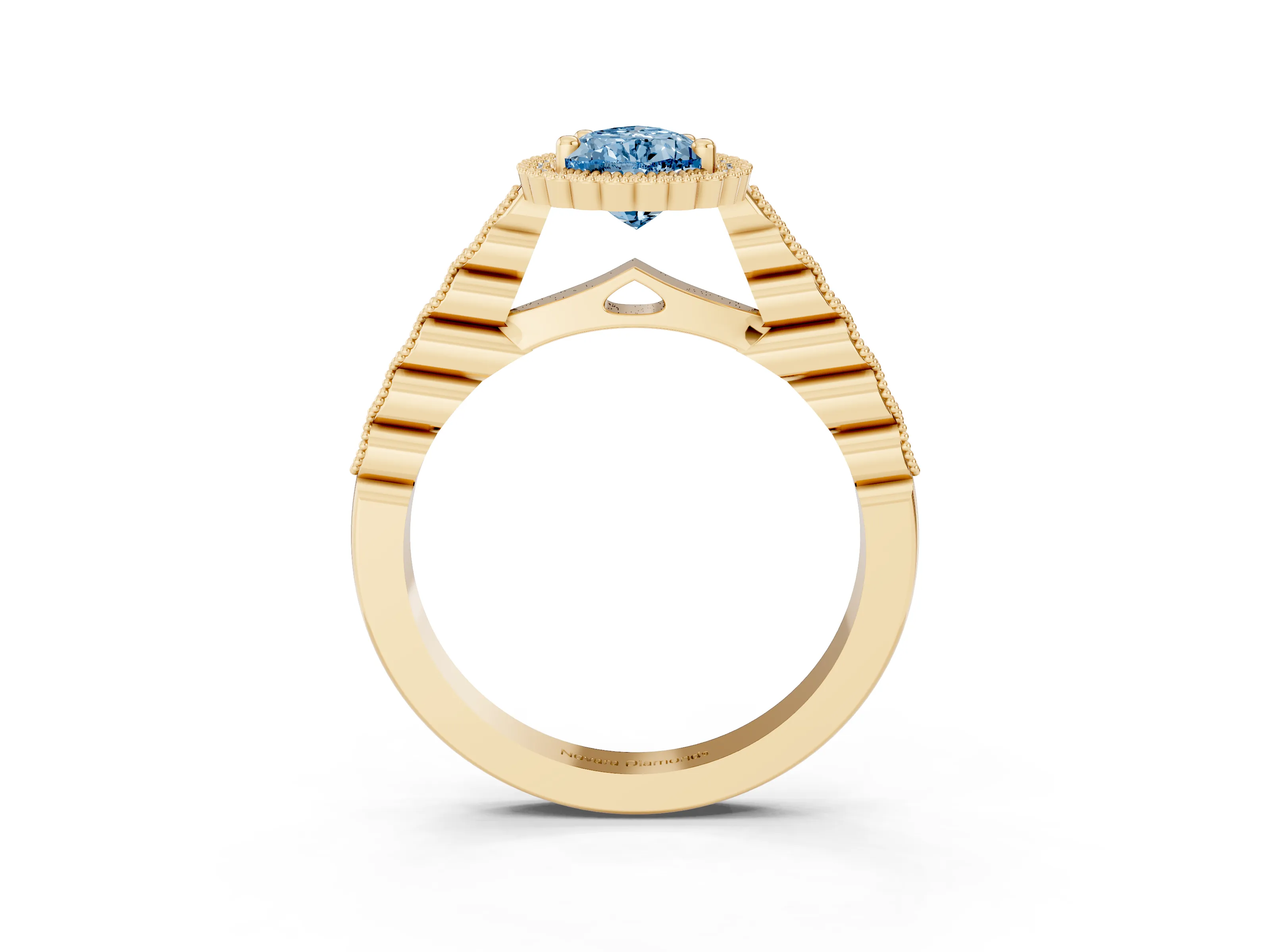 Fancy Blue Pear Cut Diamond Halo Ring Set in Yellow gold with Pavé Milgrain Band