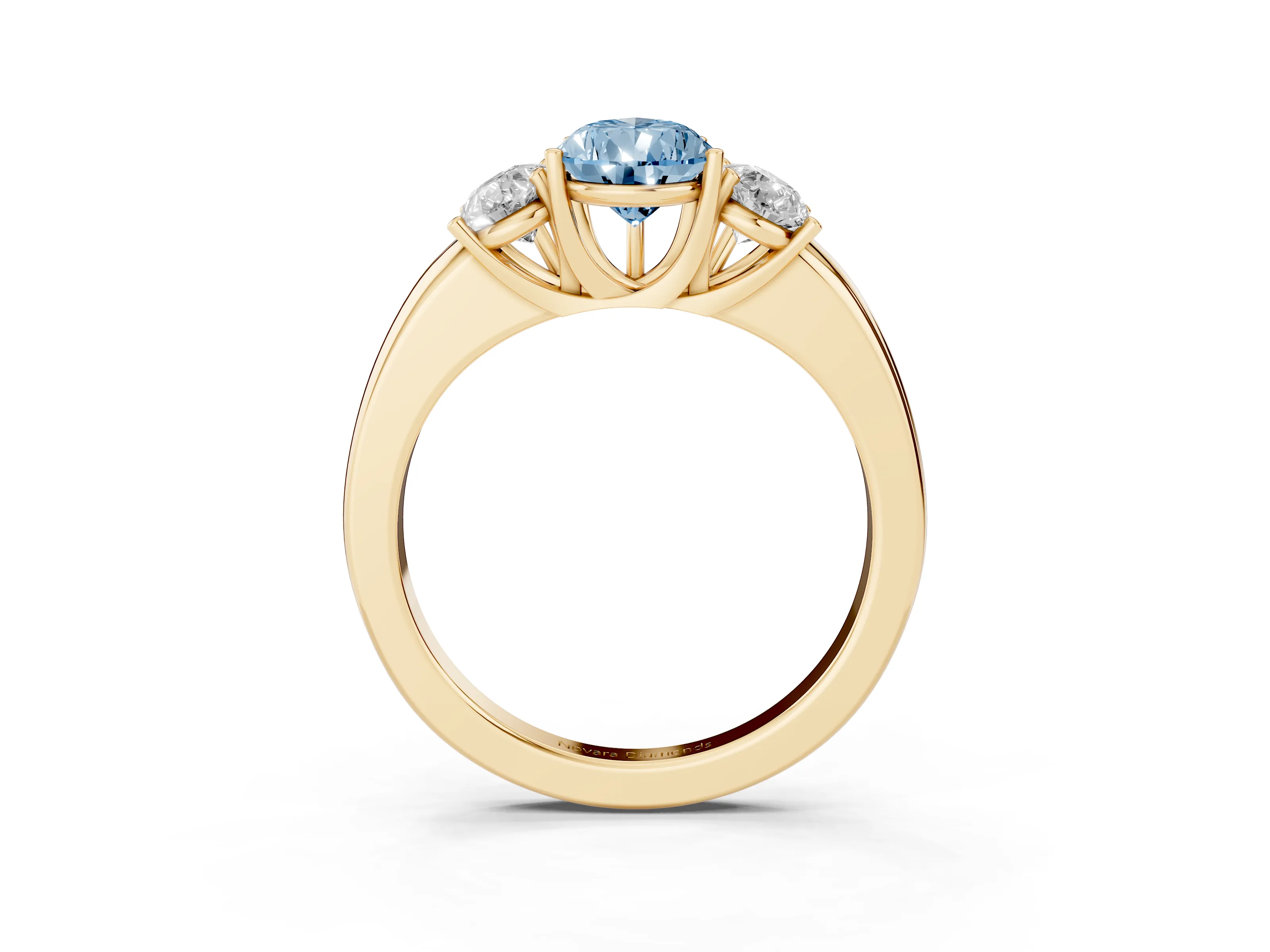 Fancy Blue Pear Cut Diamond Three-Stone Ring Set in Yellow gold with Bold Center and Classic Band