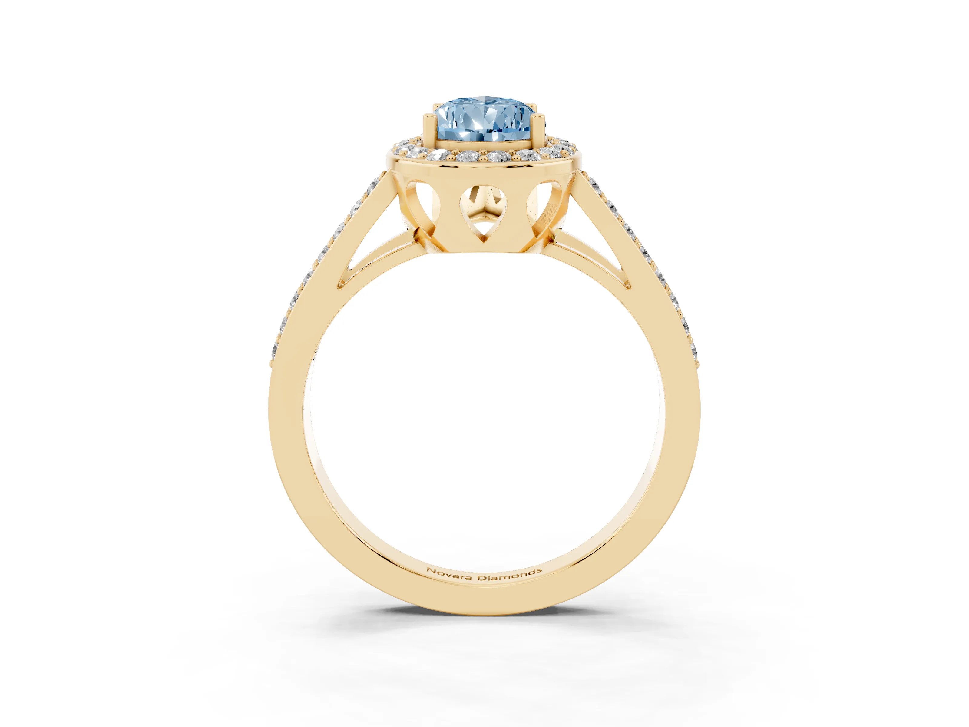 Fancy Blue Pear Cut Diamond Halo Ring Set in Yellow gold with U-Prong Split Shank and Prong Setting