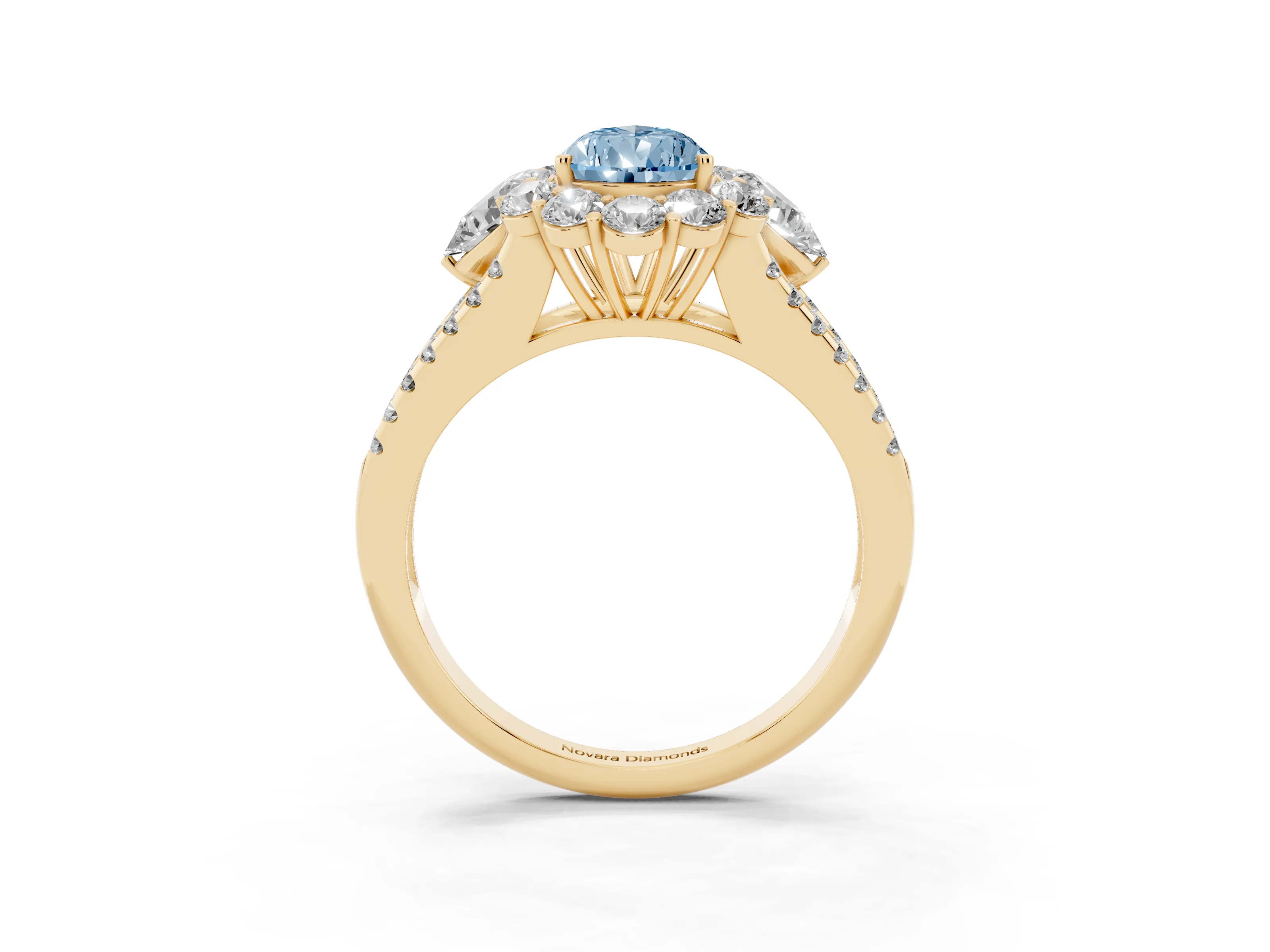 Fancy Blue Pear Cut Diamond Halo Split Shank Engagement Ring Set in Yellow gold with Prong-Held Center Stone