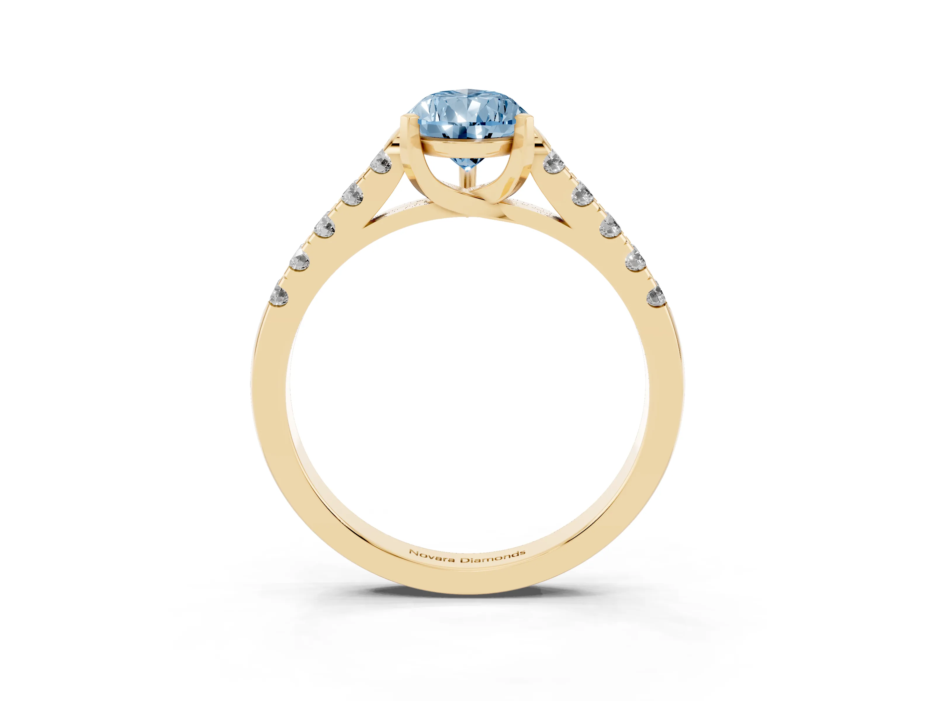 Fancy Blue Pear Cut Diamond Pavé Band Solitaire Ring Set in Yellow gold with Partway Accent Stones and Prong Setting