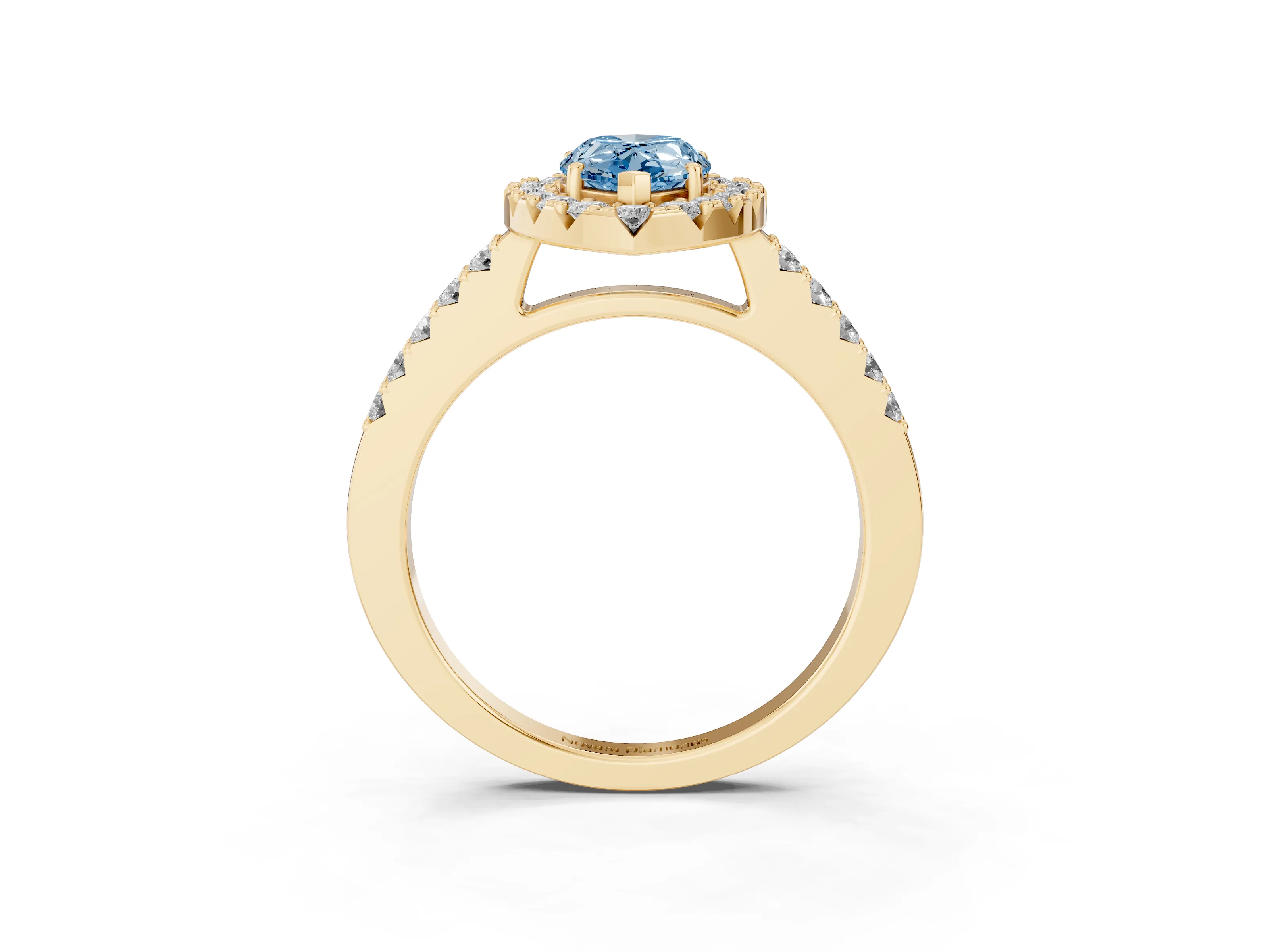Fancy Blue Pear Cut Diamond Halo Pavé Solitaire Ring Set in Yellow gold with Prong-Set Center Stone