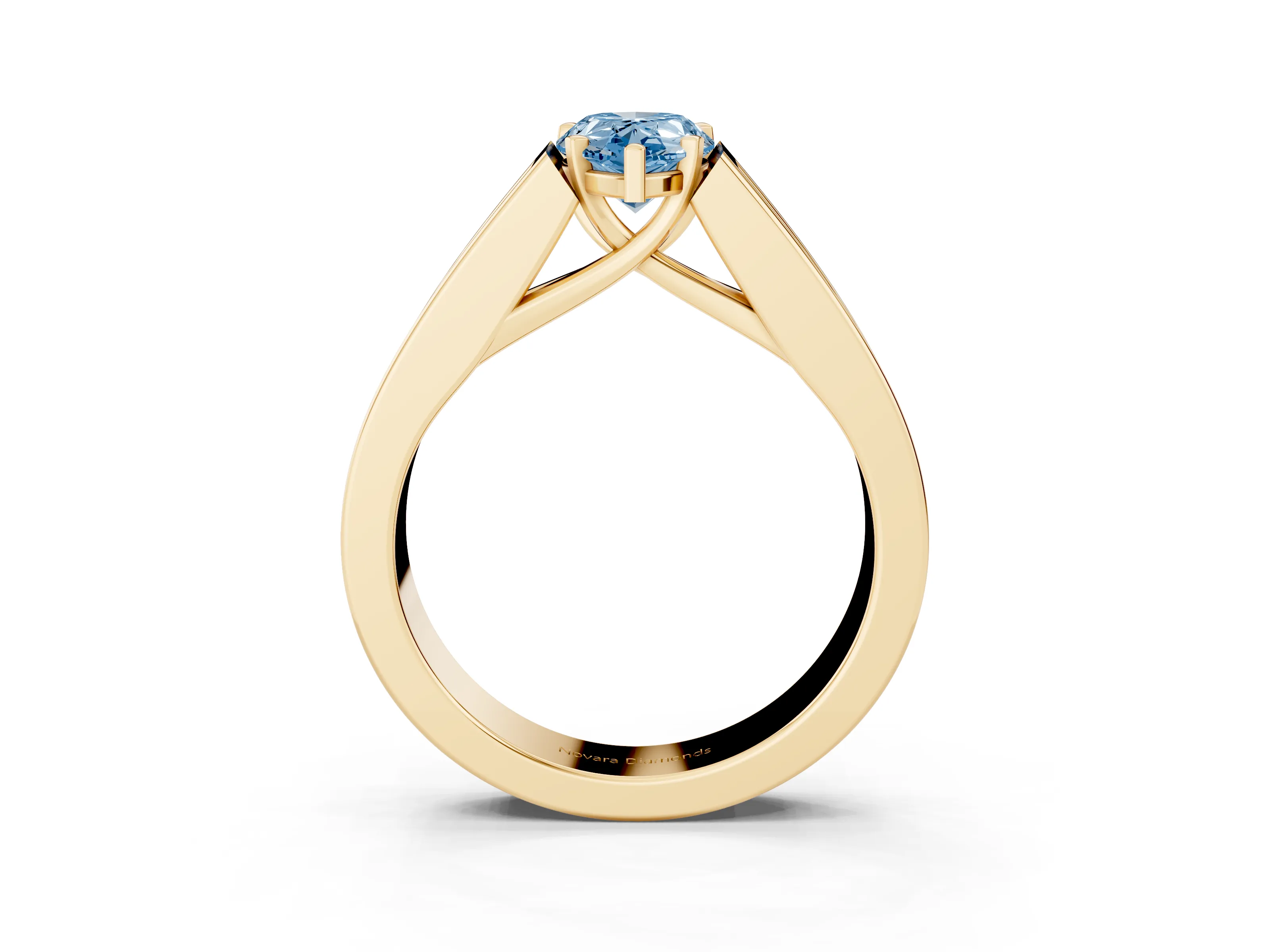 Fancy Blue Pear Cut Diamond Solitaire Ring Set in Yellow gold with Channel-Set Accent Stones and Prong Setting