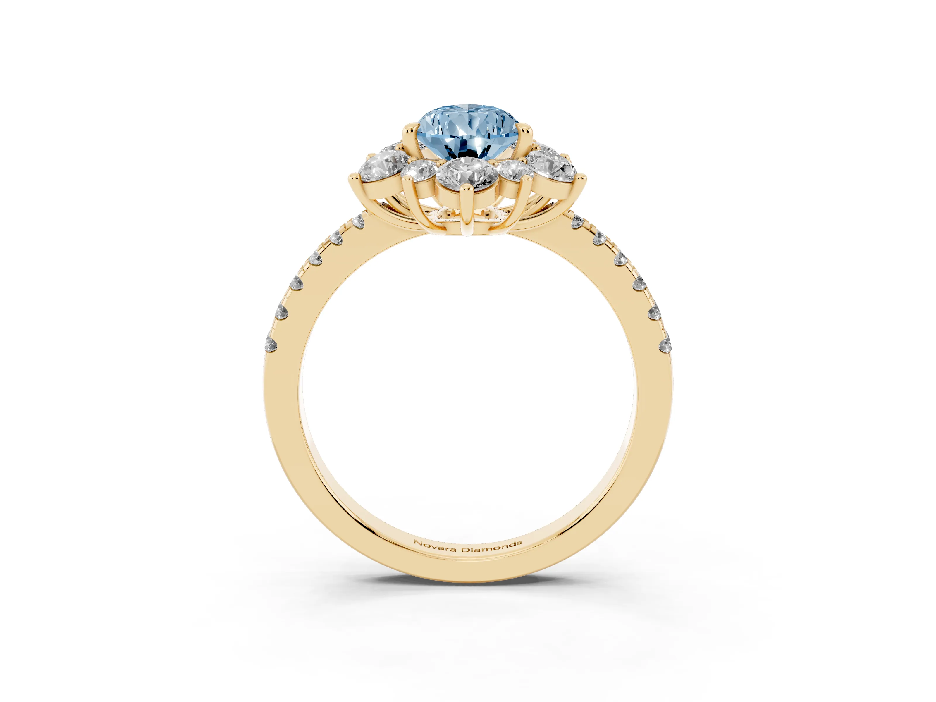 Fancy Blue Pear Cut Diamond Floral Halo Ring Set in Yellow gold with Round Pavé Band and Prong Setting