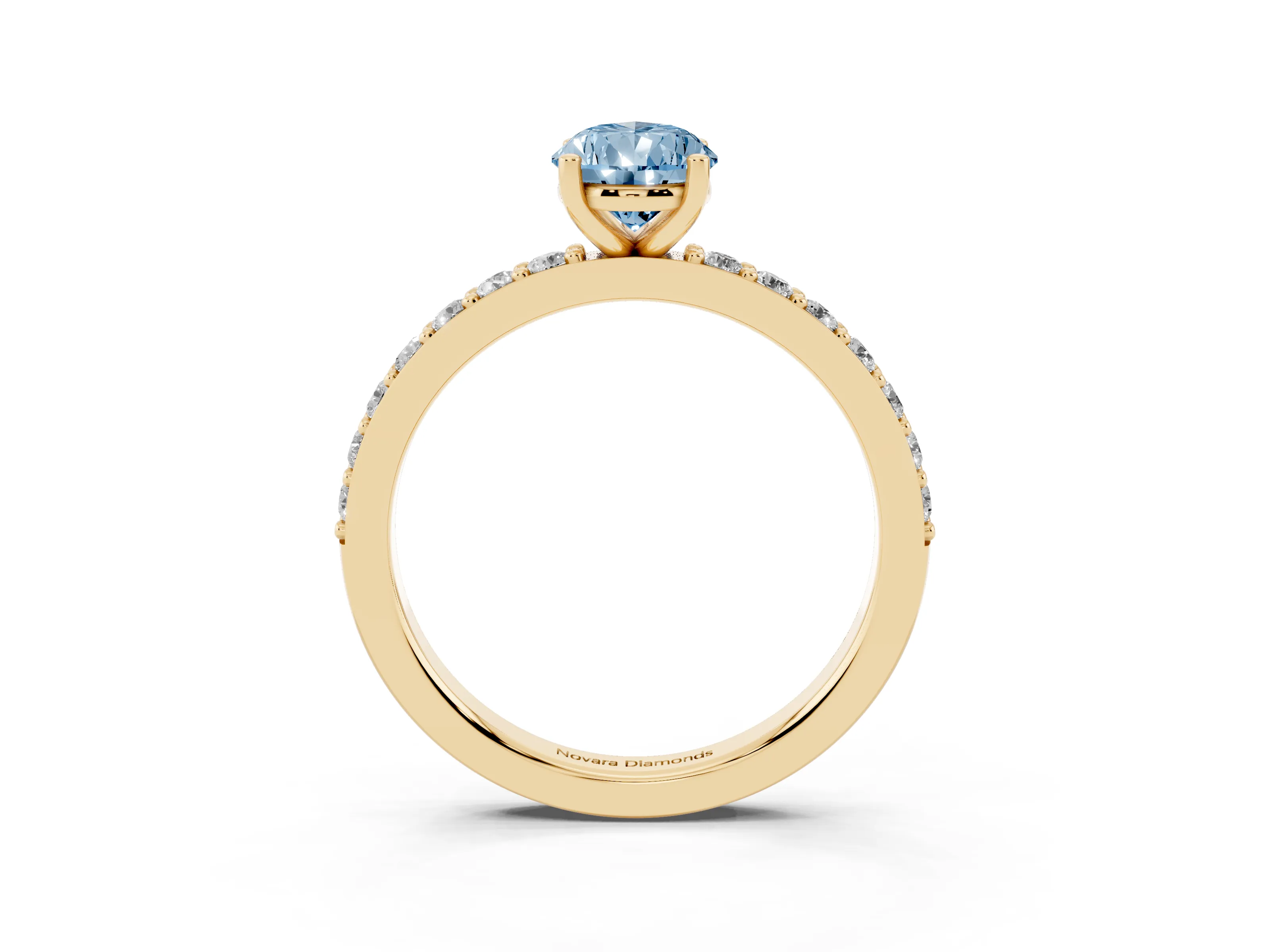 Fancy Blue Pear Cut Diamond Solitaire Set in Yellow gold with Round Pavé Band and Prong Setting