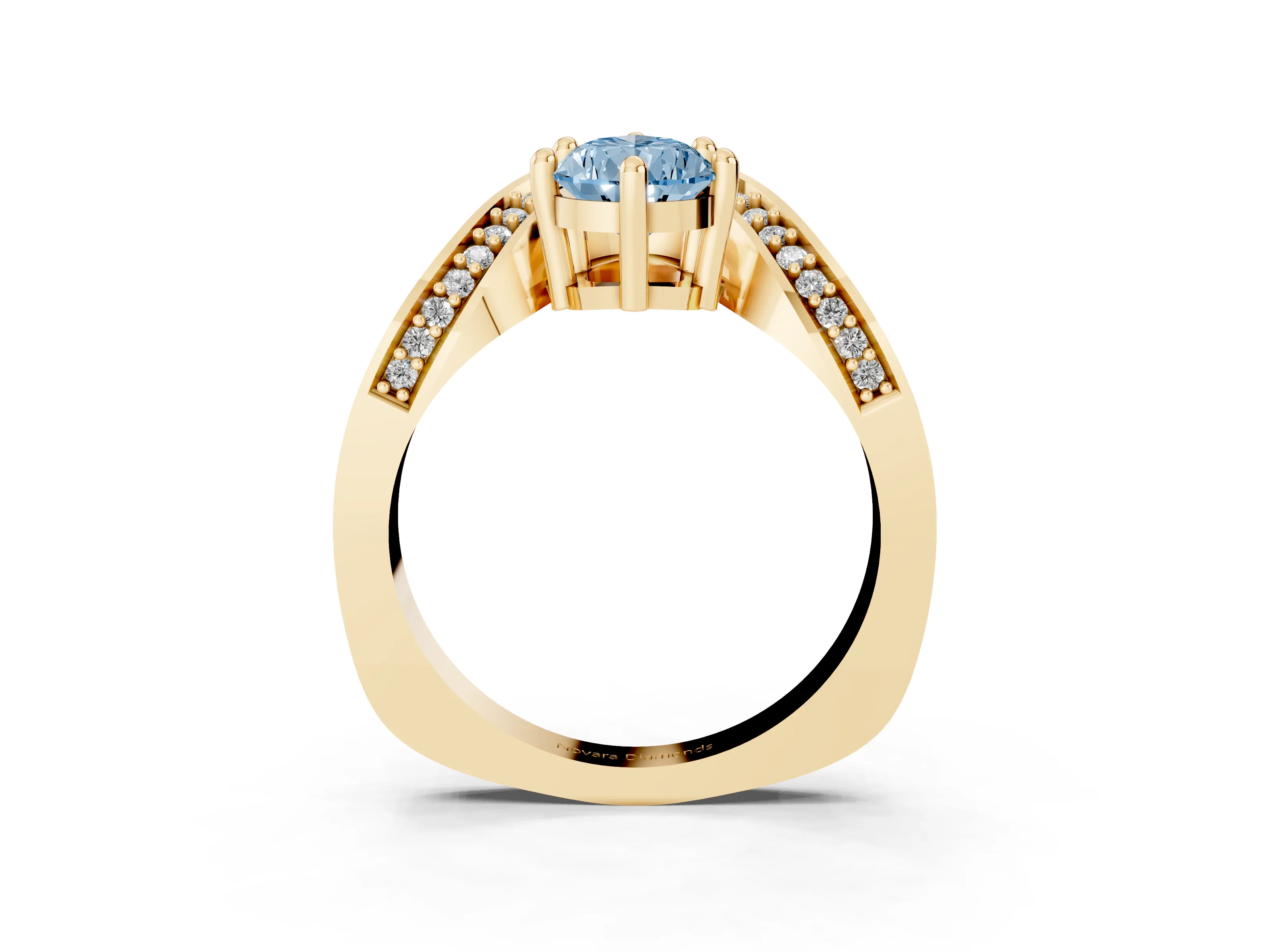 Fancy Blue Pear Cut Diamond Solitaire Engagement Ring Set in Yellow gold with Pavé Shoulders