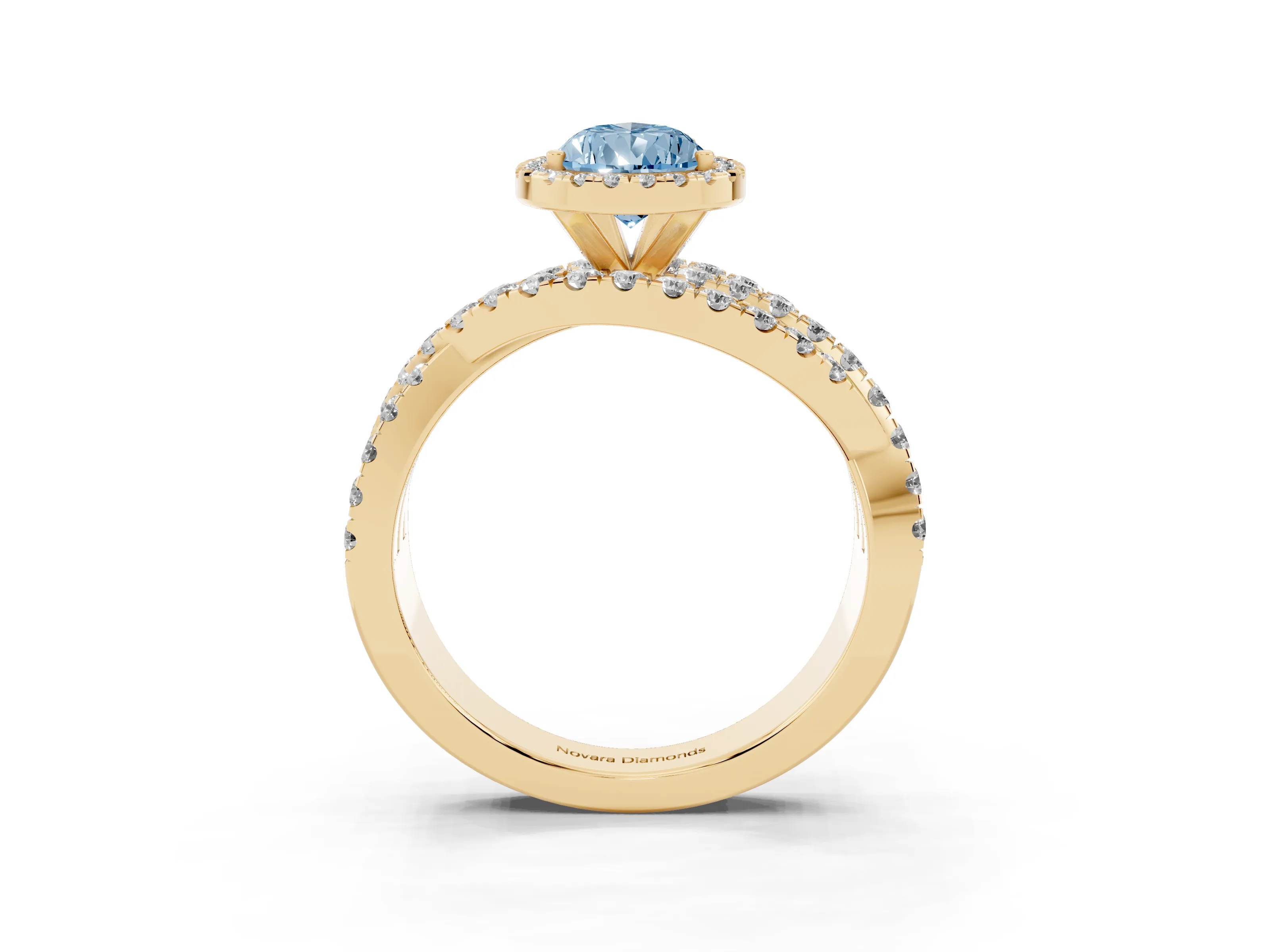 Fancy Blue Pear Cut Diamond Halo Ring Set in Yellow gold with Round Crossover Split Shank and Prong Setting