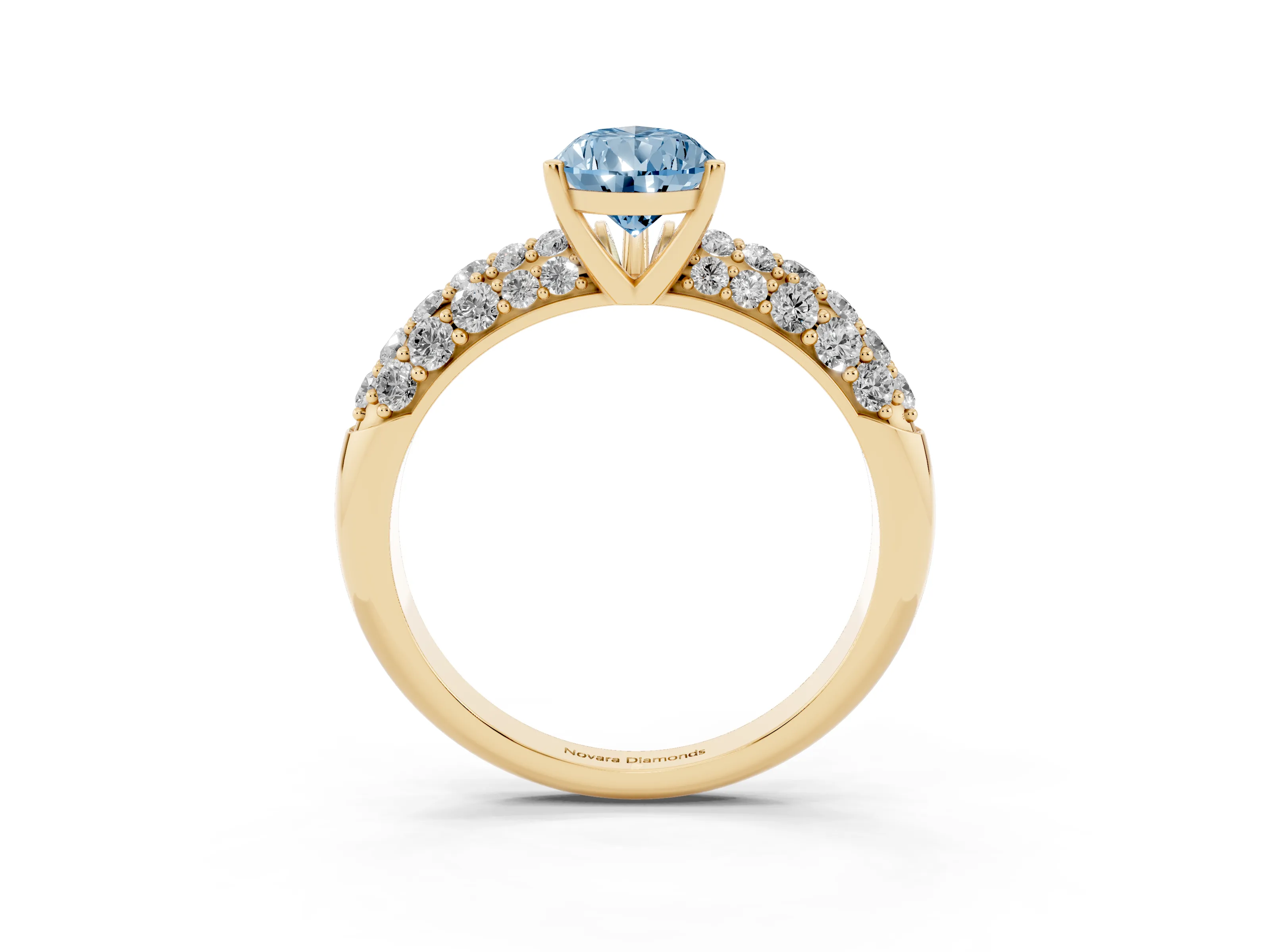 Fancy Blue Pear Cut Diamond Pavé Band Solitaire Ring Set in Yellow gold with Close-Set Accent Stones and Prong Setting