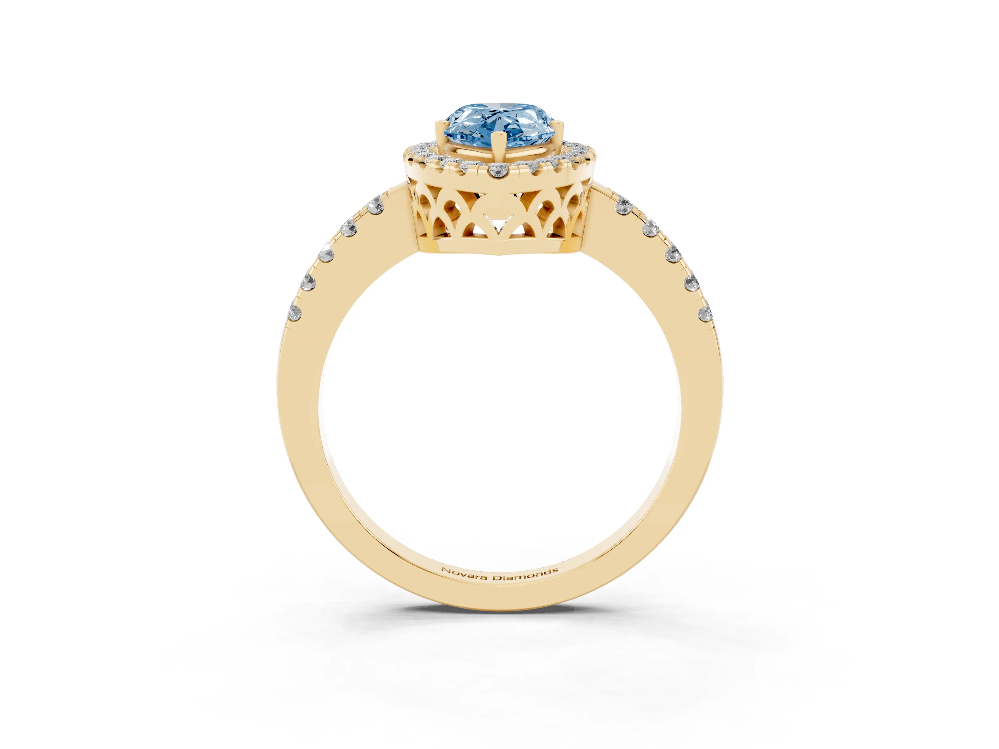 Fancy Blue Pear Cut Diamond Pavé Band Halo Engagement Ring Set in Yellow gold with Prong Setting