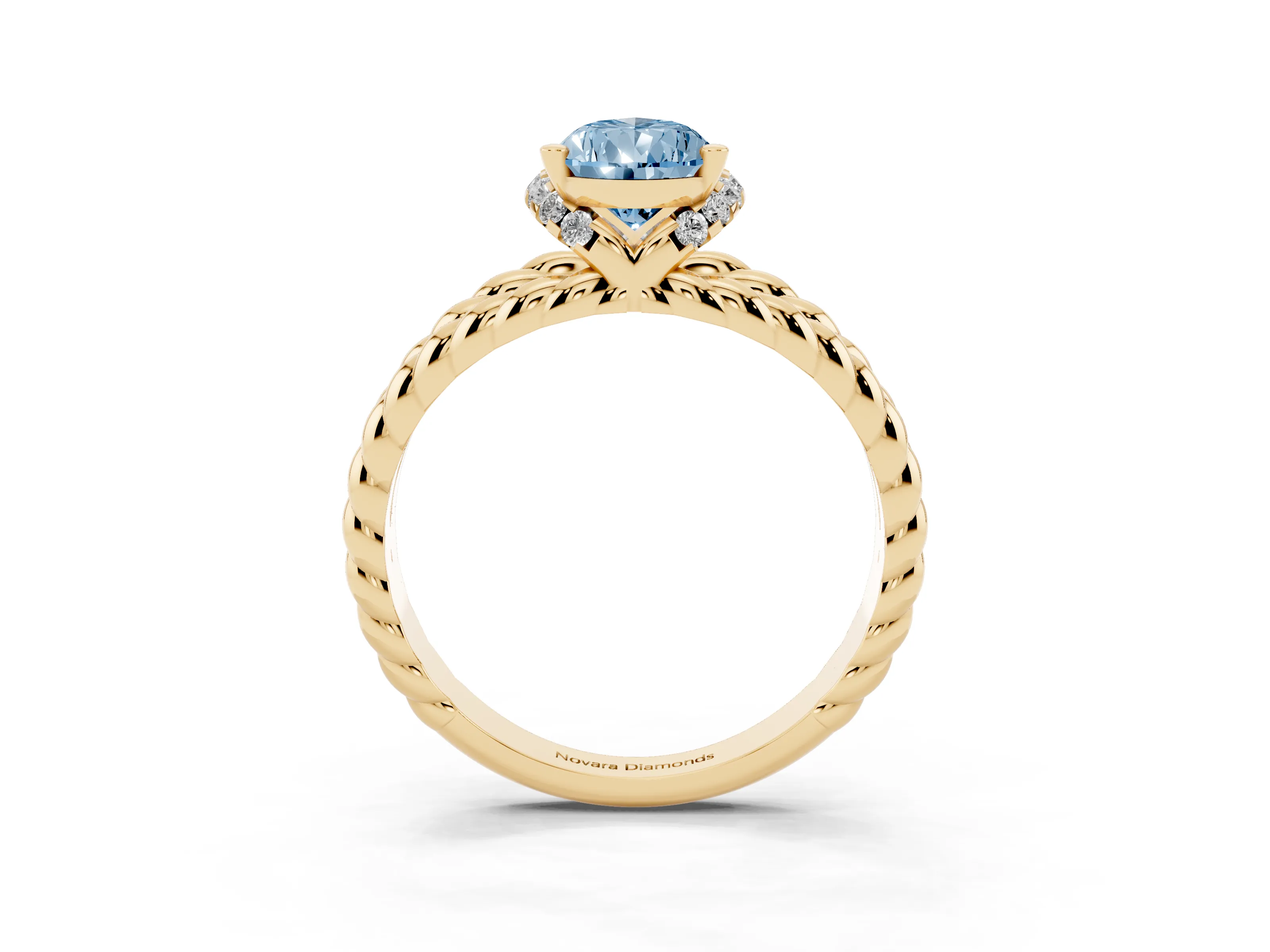 Fancy Blue Pear Cut Diamond Halo Ring Set in Yellow gold with Twisted Band and Prong Setting