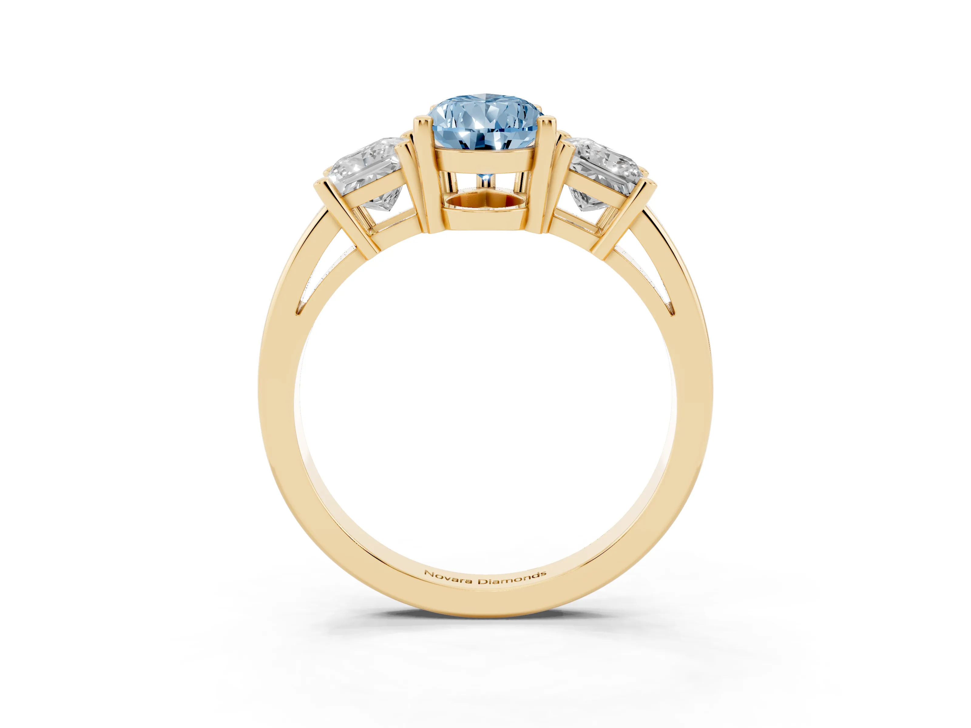 Fancy Blue Three-Stone Pear Cut Diamond Solitaire Ring Set in Yellow gold with Prong Setting