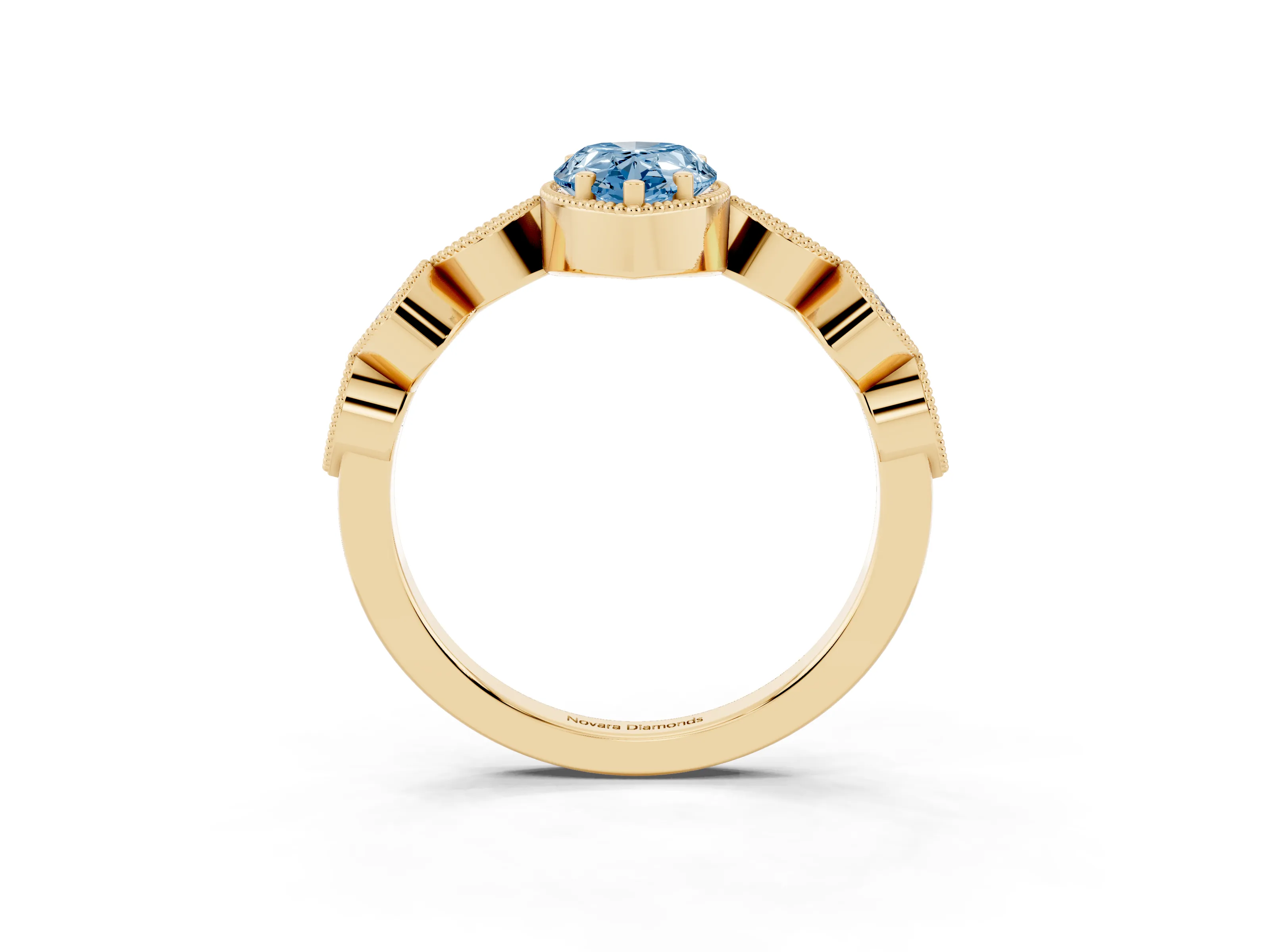Fancy Blue Pear Cut Diamond Vintage-Inspired Milgrain Ring Set in Yellow gold with Marquise Stations of Round Accents
