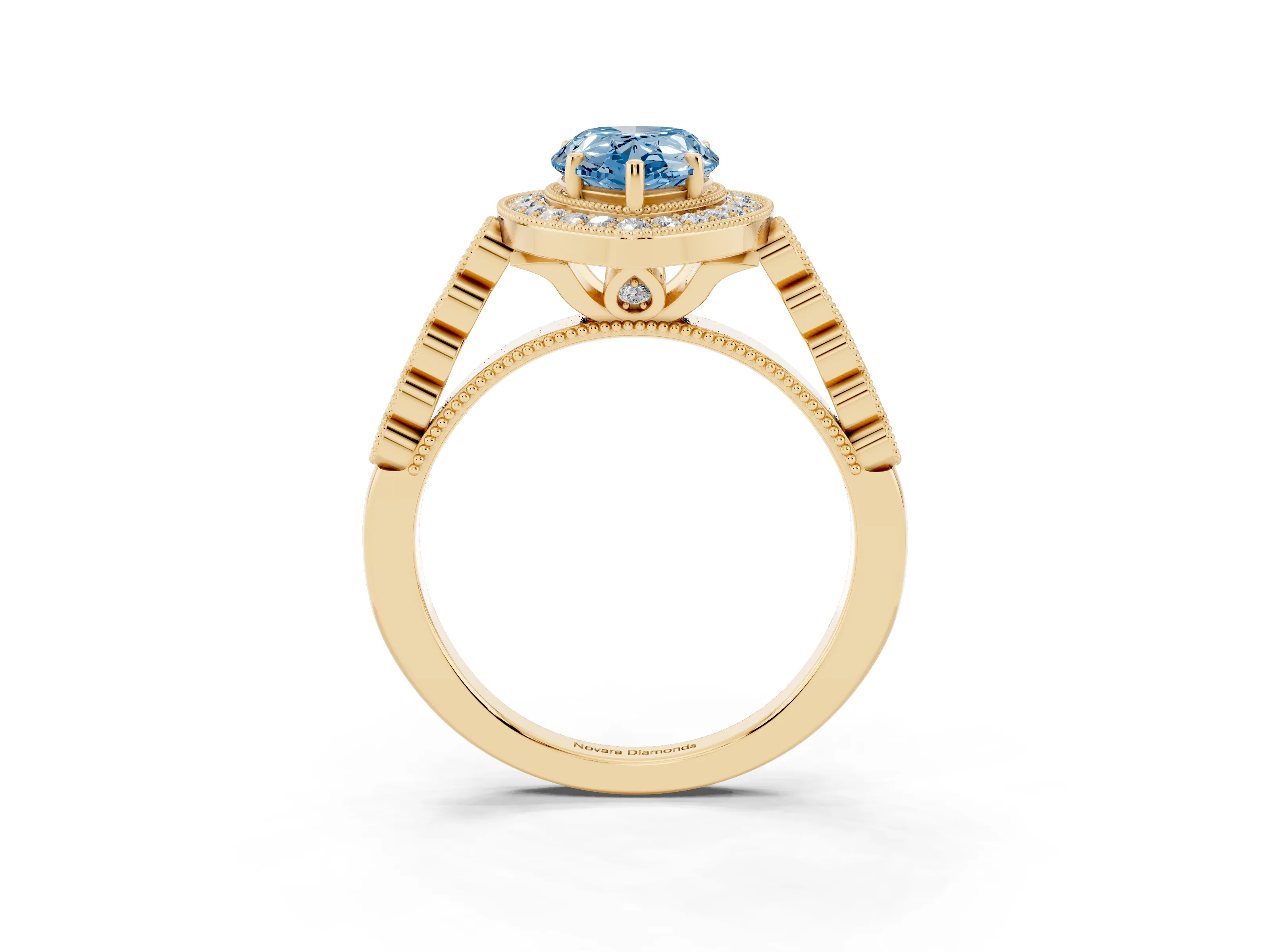 Fancy Blue Pear Cut Diamond Milgrain Halo Solitaire Ring Set in Yellow gold with Bezel Set Side Stones and Pavé Band