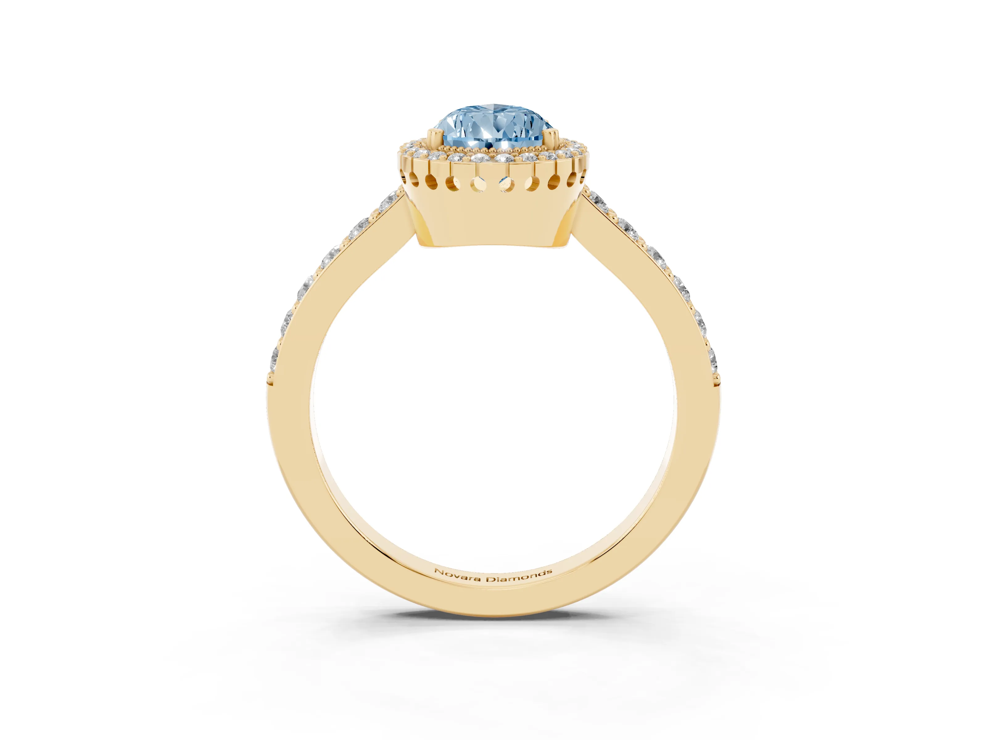 Fancy Blue Pear Cut Diamond Halo Engagement Ring Set in Yellow gold with Milgrain Detail and Pavé Band