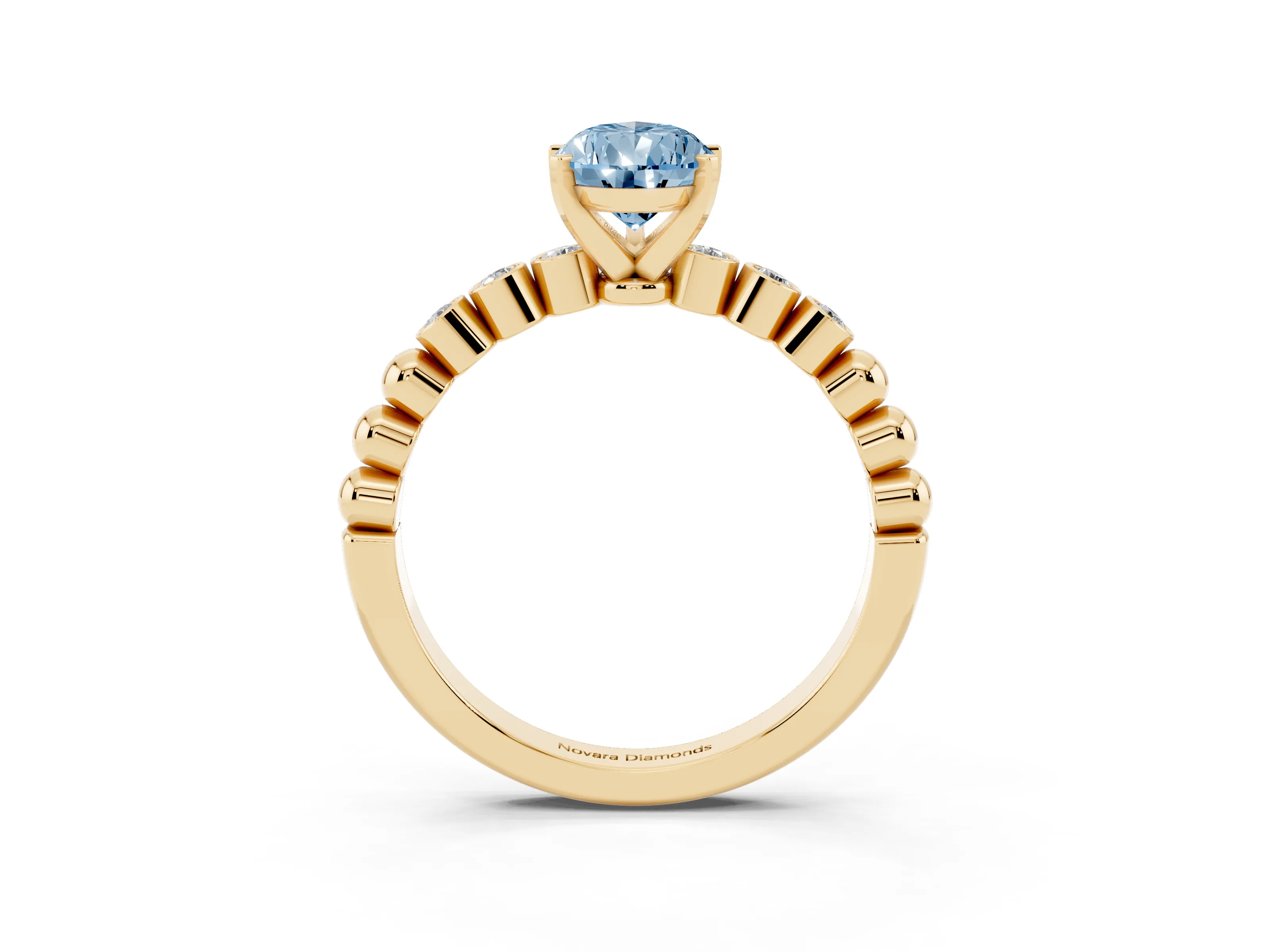 Fancy Blue Pear Cut Diamond Solitaire Engagement Ring Set in Yellow gold with Bezel Accents on Beaded Band