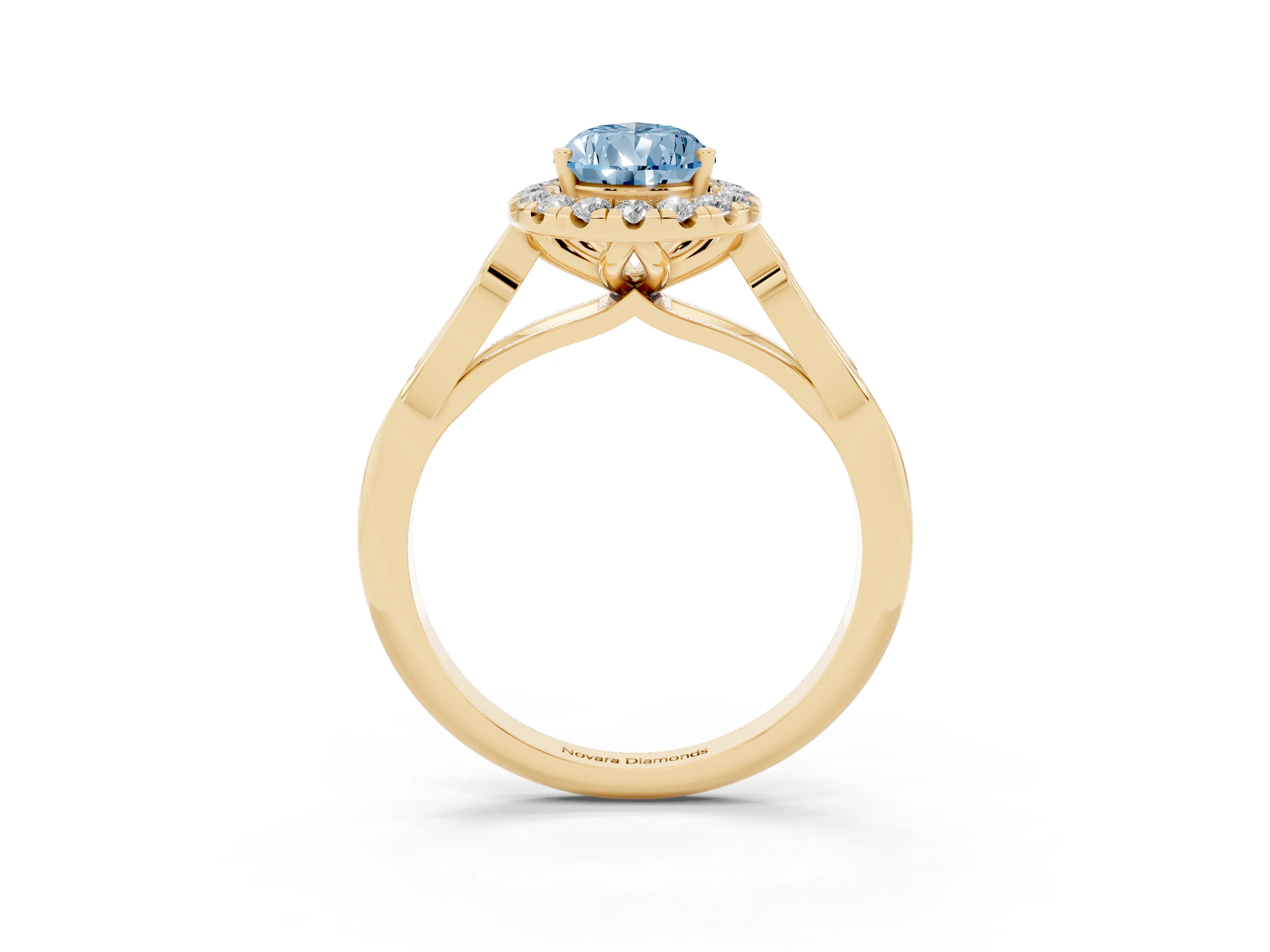 Fancy Blue Pear Cut Diamond Halo Engagement Ring Set in Yellow gold with Filigree Band and Prong-Set Center